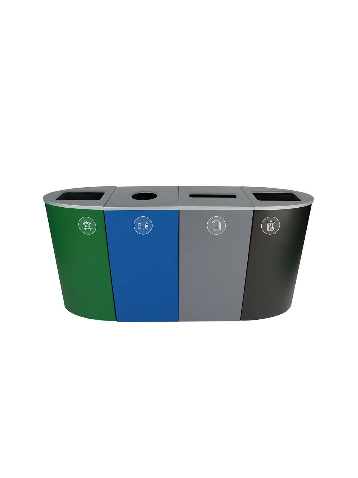 SPECTRUM – Quad – Kit – Organics-Cans & Bottles-Paper-Waste – Full-Circle-Slot-Full – Dark Green-Blue-Grey-Black
