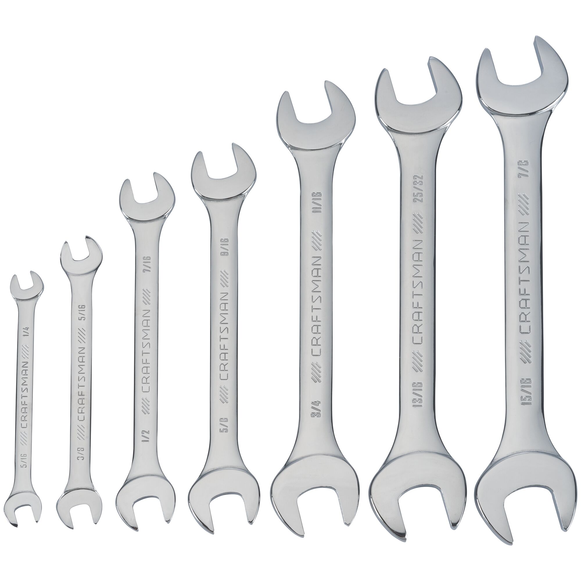 Right profile of 7 piece set standard S A E standard open end wrench set.