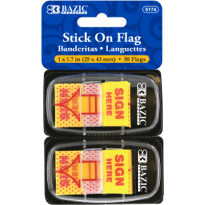 Yellow Color Printed Sign Here Flags with Dispenser, 25 ct., 2/Pack