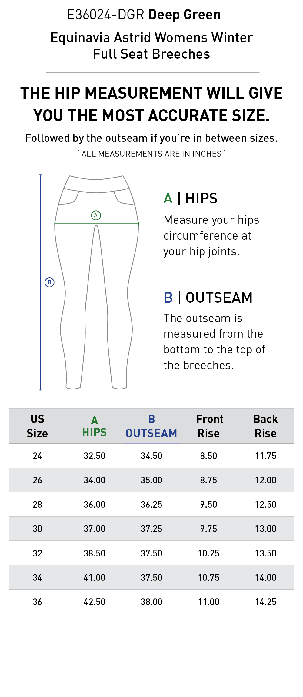 Size chart for Equinavia Astrid Womens Winter Full Seat Breeches - Deep Green