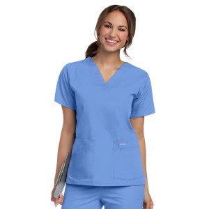 Landau Essentials Scrub Top for Women: 4 Pockets, Classic Relaxed Fit, Durable V-Neck 8219-