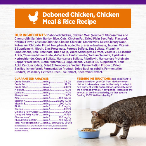 <p>Deboned Chicken, Chicken Meal (source of Glucosamine and Chondroitin Sulfate), Rice, Barley, Oats, Chicken Fat, Ground Flaxseed, Tomato Pomace, Natural Chicken Flavor, Salmon Oil, Potassium Chloride, Choline Chloride, Cranberries, Chicory Root Extract, Taurine, Calcium Chloride, Vitamin E Supplement, Zinc Proteinate, Mixed Tocopherols added to preserve freshness, Zinc Sulfate, Calcium Carbonate, Niacin, Iron Proteinate, Ferrous Sulfate, Vitamin A Supplement, Dried Kelp, Yucca Schidigera Extract, Ascorbic Acid (Vitamin C), Copper Sulfate, Thiamine Mononitrate, Copper Proteinate, Manganese Proteinate, Manganese Sulfate, d-Calcium Pantothenate, Sodium Selenite, Pyridoxine Hydrochloride, Riboflavin, Vitamin D3 Supplement, Biotin, Calcium Iodate, Vitamin B12 Supplement, Folic Acid, Dried Bacillus coagulans Fermentation Product, Dried Lactobacillus plantarum Fermentation Product, Dried Enterococcus faecium Fermentation Product, Dried Lactobacillus casei Fermentation Product, Dried Lactobacillus acidophilus Fermentation Product, Rosemary Extract, Green Tea Extract, Spearmint Extract.</p>
