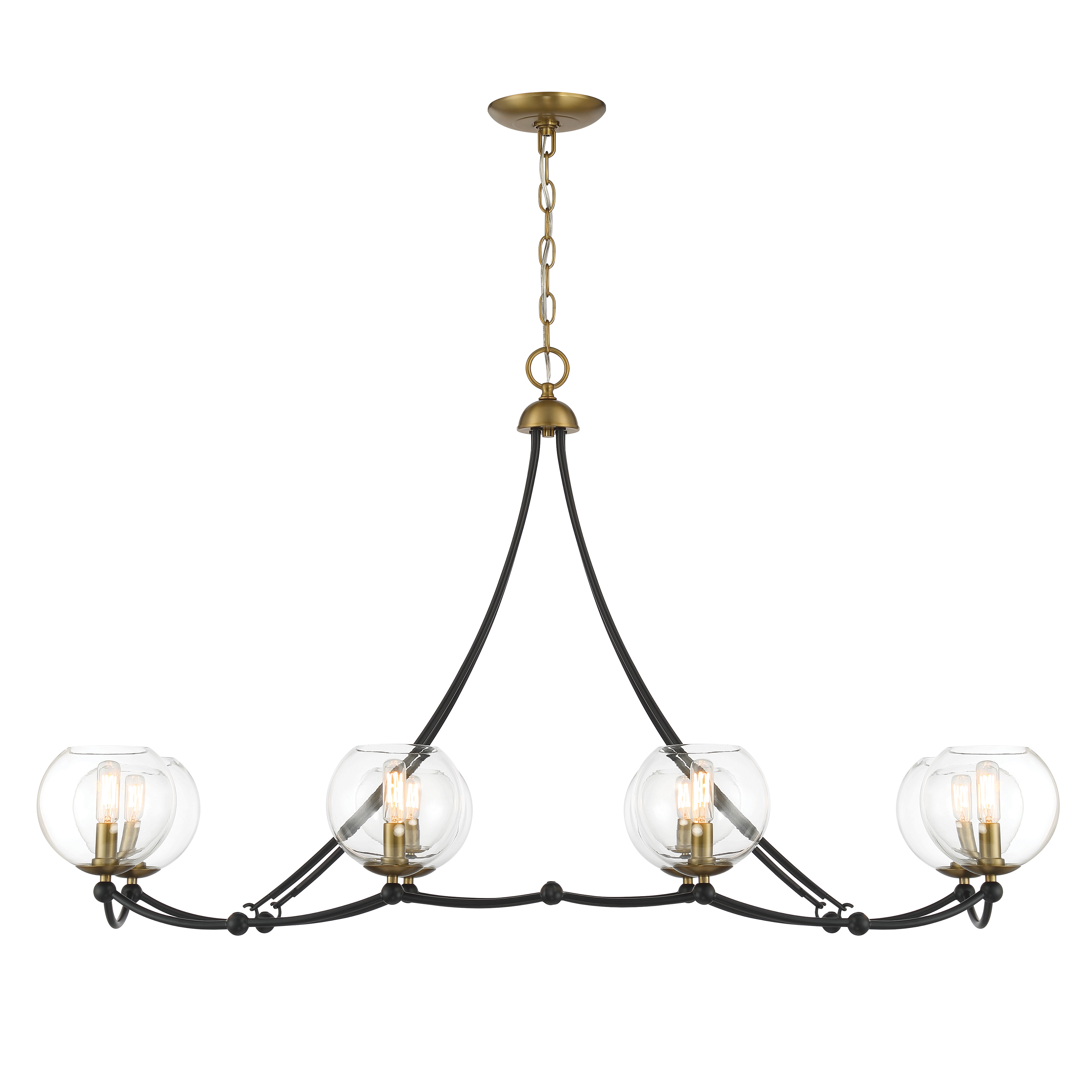 The Kearney Park brings bold character to kitchen islands and dining spaces with its coal black finish, soft brass accents, and clear glass shades. Eight candelabra bulbs provide ample illumination while the linear design creates visual balance over long surfaces. - alternate view