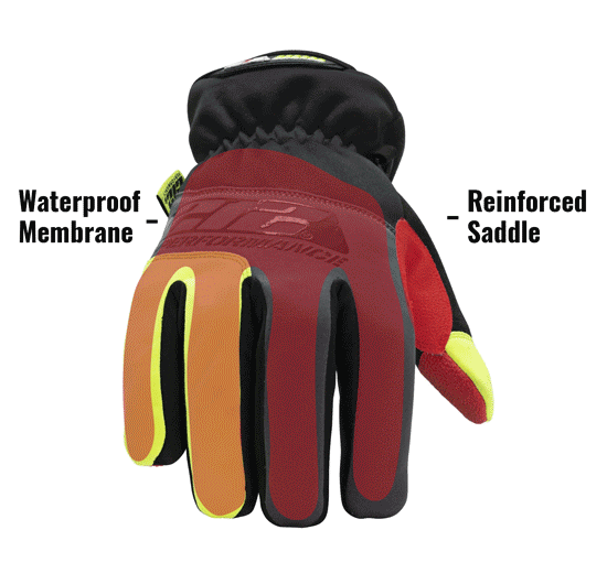 Waterproof Fleece Lined Cut Resistant Tundra Winter Work Gloves in Gray, Red, Black and Yellow TUNFWC5 showing Waterproof Membrane and Reinforced Saddle