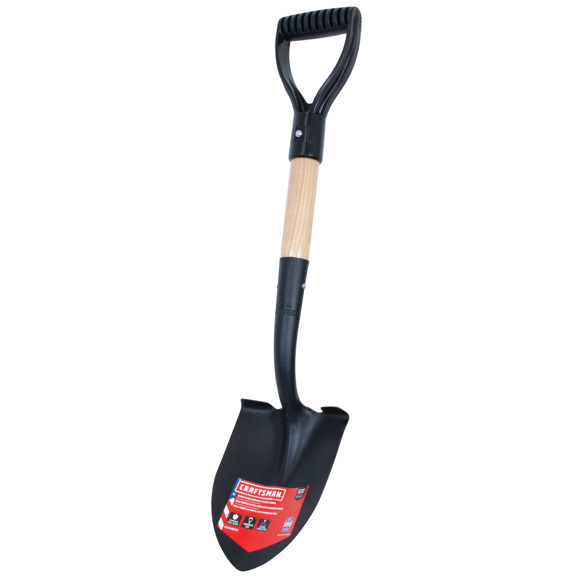 Right profile of wood handle compact digging shovel.