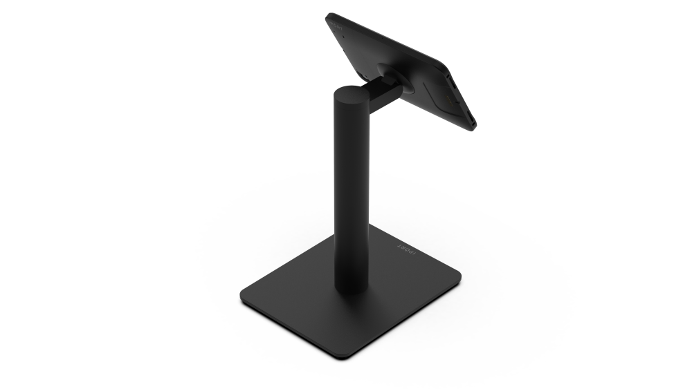 CONNECT MOUNT Pillar Single iPads on a Baseplate in black fifteen inches high with a CONNECT MOUNT head and Hirose H10 Connection.