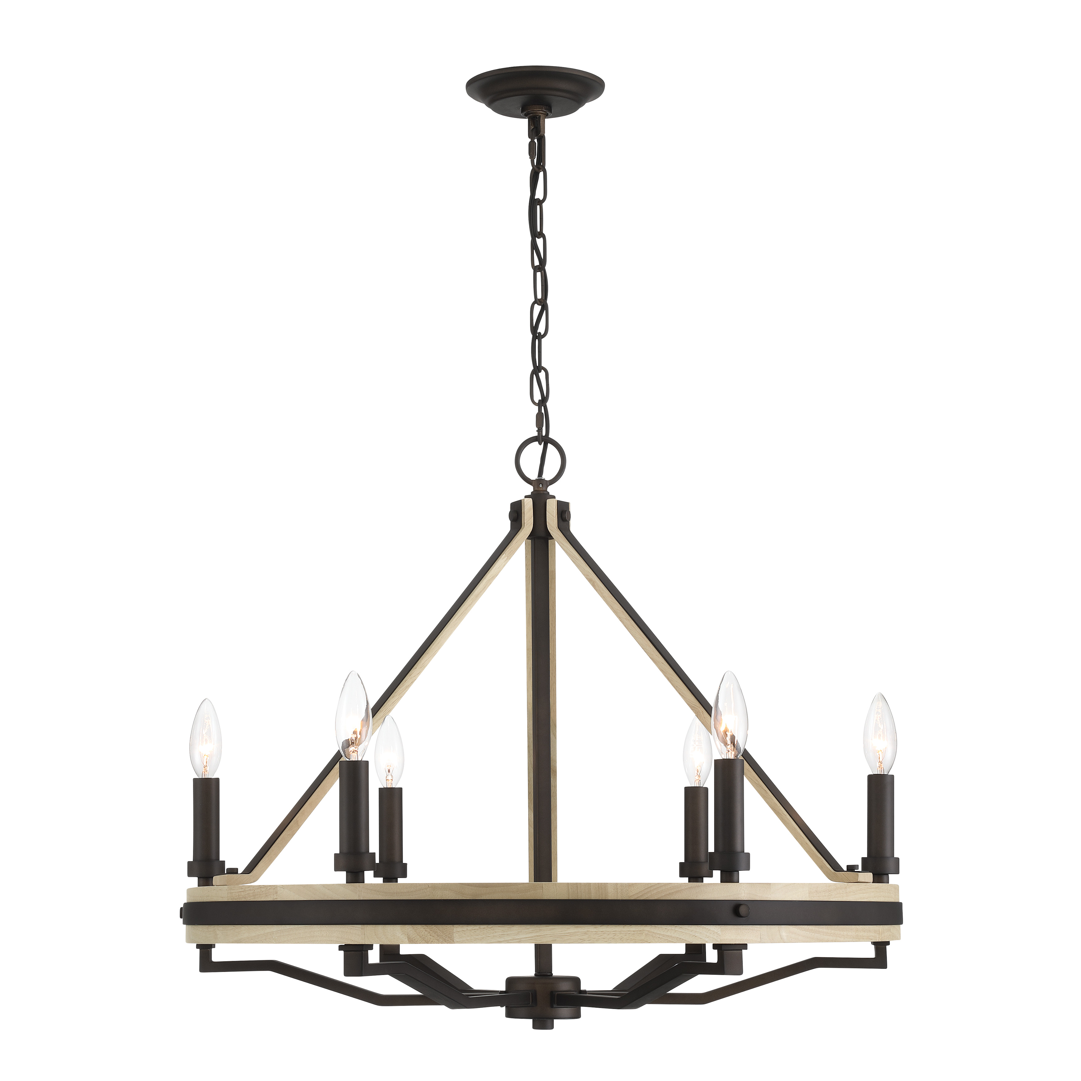 The Sonoma chandelier blends traditional elegance with rustic warmth through its dark bronze finish and solid oak wood details. Six candelabra lights provide ample illumination while the 26-inch diameter makes it versatile for medium-sized spaces. - alternate view