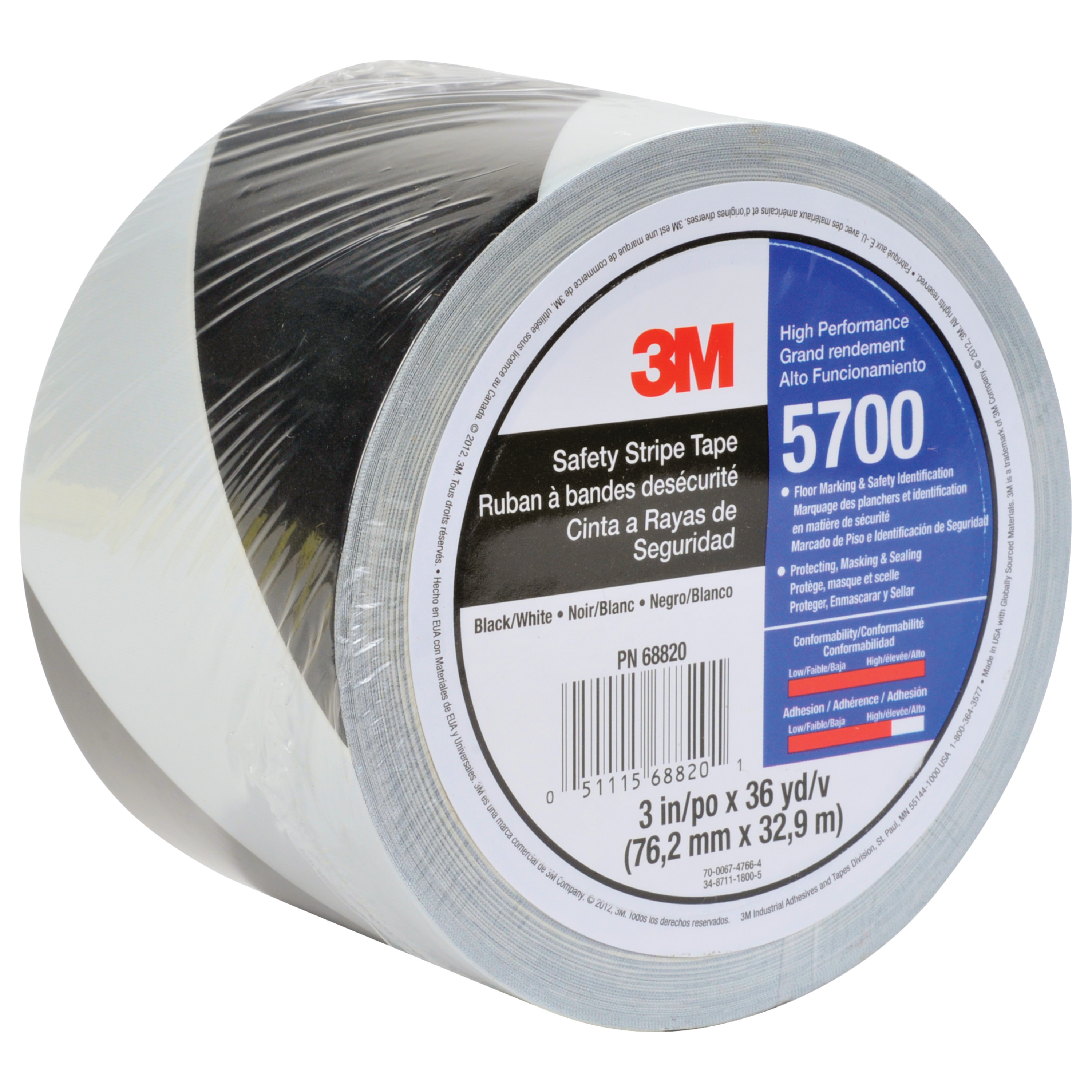 3M™ Safety Stripe Vinyl Tape 5700, Black/White, 3 in x 36 yd, 5.4 mil, 12 Roll/Case, Individually Wrapped Conveniently Packaged