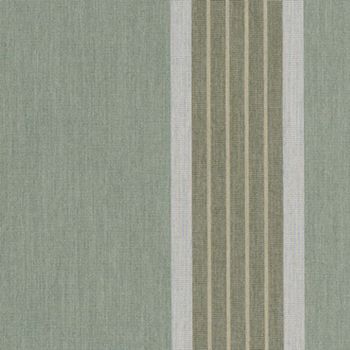 Vertical striped fabric panel hung at right (narrow olive and beige ribs bordered by thin white bands) against a muted green textured field; soft even lighting on wall or drapery.