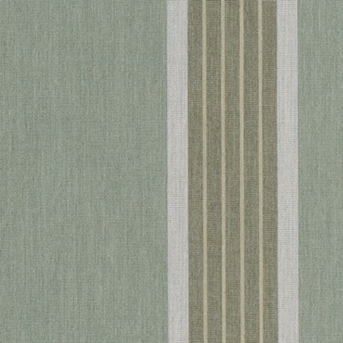 Vertical striped fabric panel hung at right (narrow olive and beige ribs bordered by thin white bands) against a muted green textured field; soft even lighting on wall or drapery.