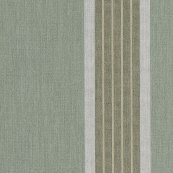 Vertical striped fabric panel hung at right (narrow olive and beige ribs bordered by thin white bands) against a muted green textured field; soft even lighting on wall or drapery.