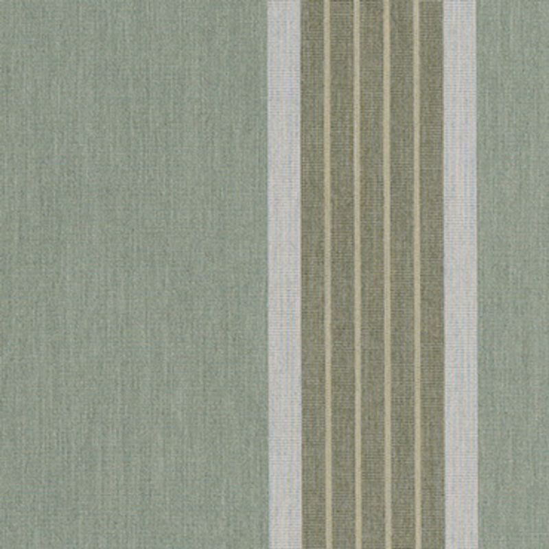 Vertical striped fabric panel hung at right (narrow olive and beige ribs bordered by thin white bands) against a muted green textured field; soft even lighting on wall or drapery.