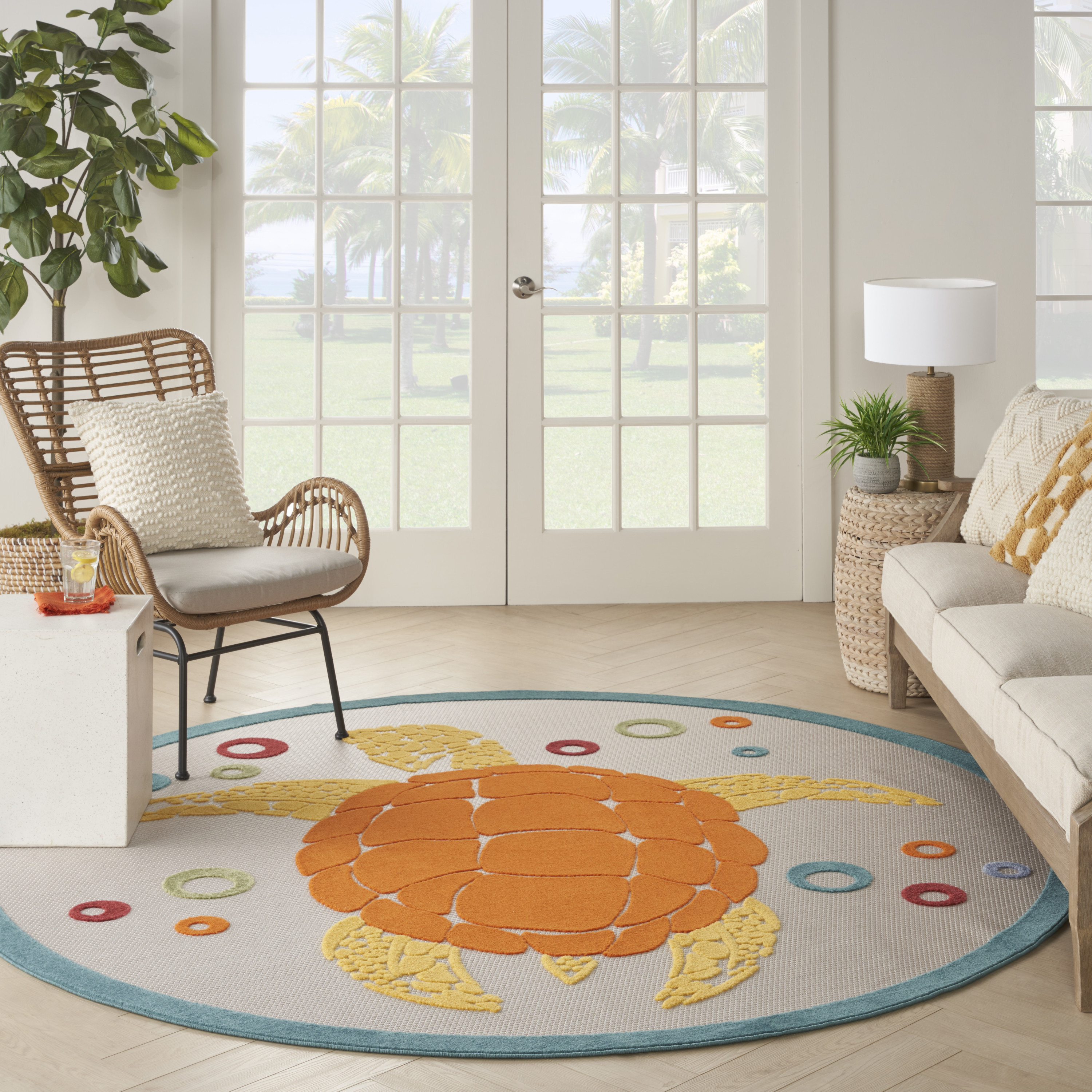 Nourison Aloha 7'10" x Round Teal Multicolor Coastal, Nautical & Beach Rug