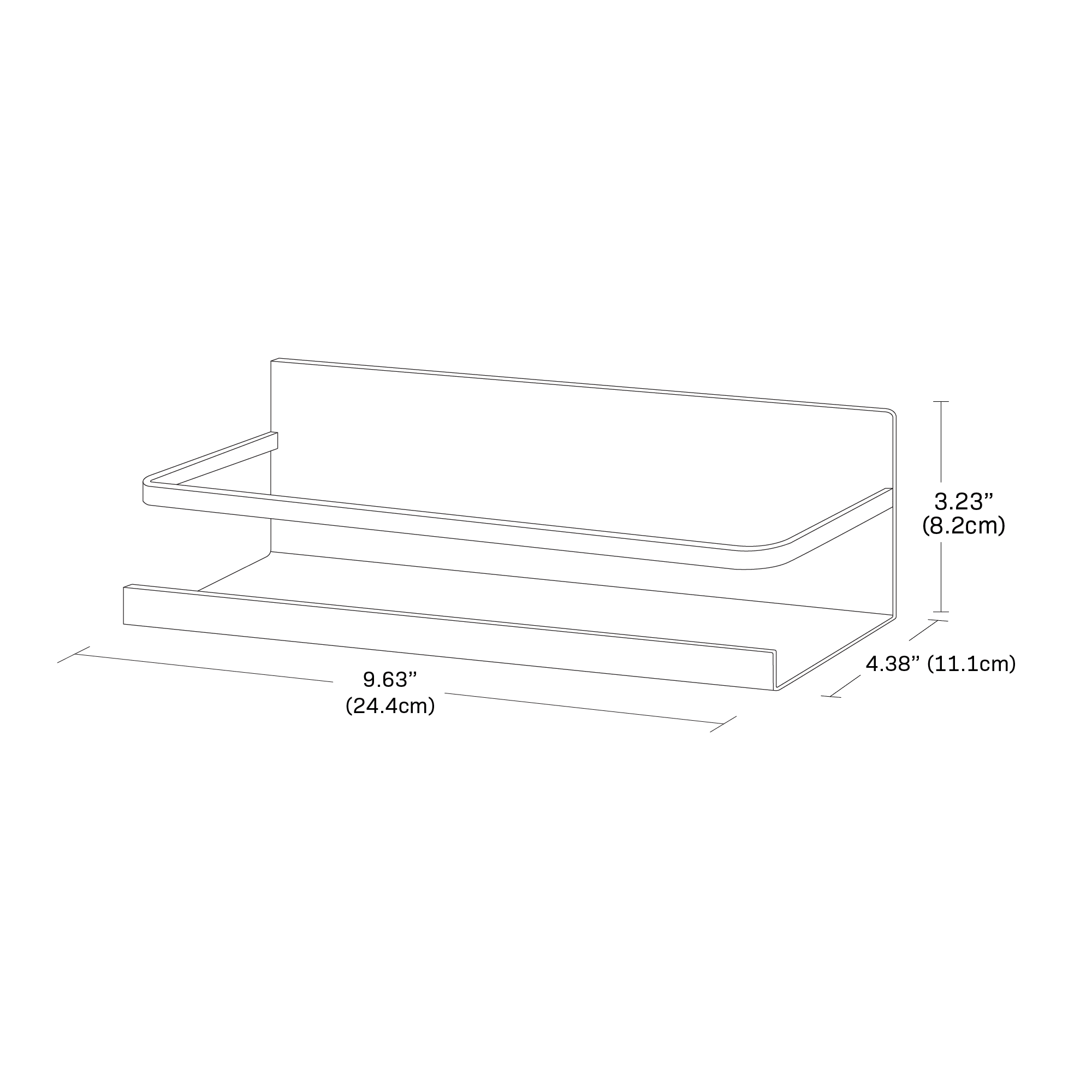 Dimension image for Magnetic Storage Caddy showing container height of 3.25 inches, length of 4.38 inches, width of 9.63 inches