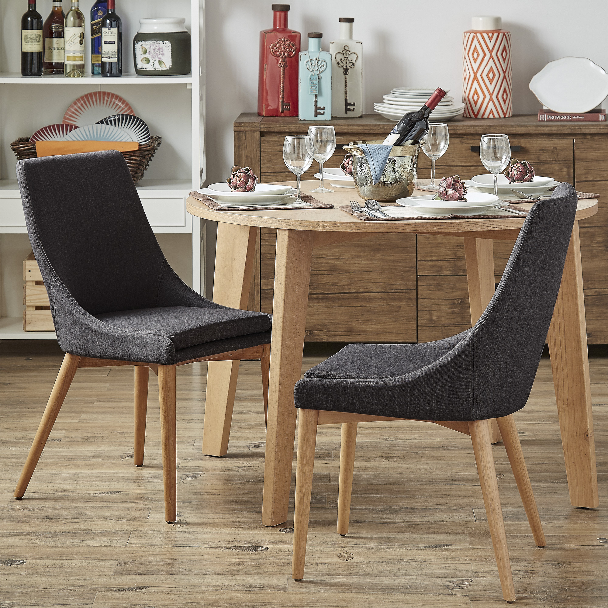 Oak Barrel Back Linen Upholstered Dining Chairs (Set of 2)