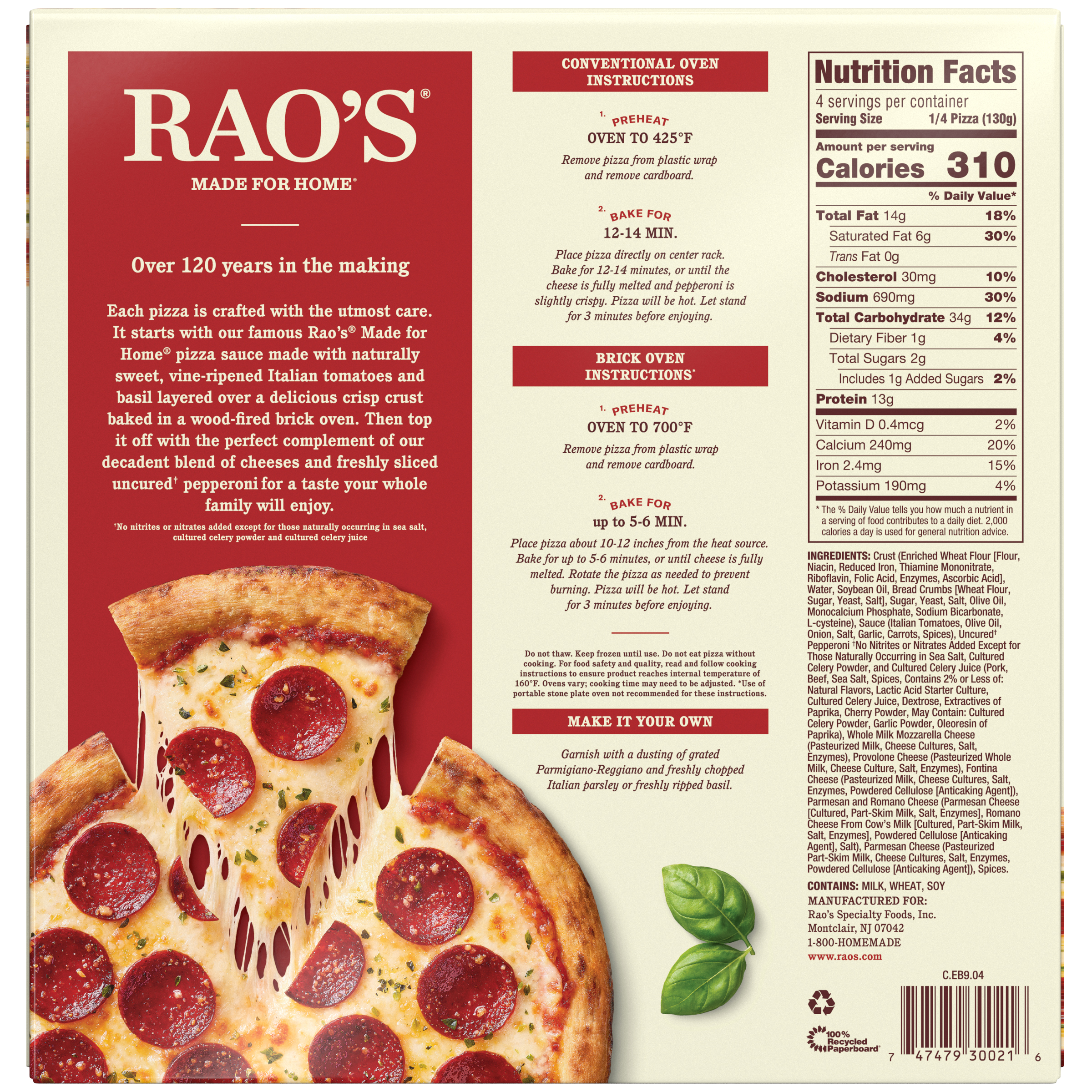 Uncured Pepperoni Pizza Frozen Pizza, 18.3 oz - Back Image