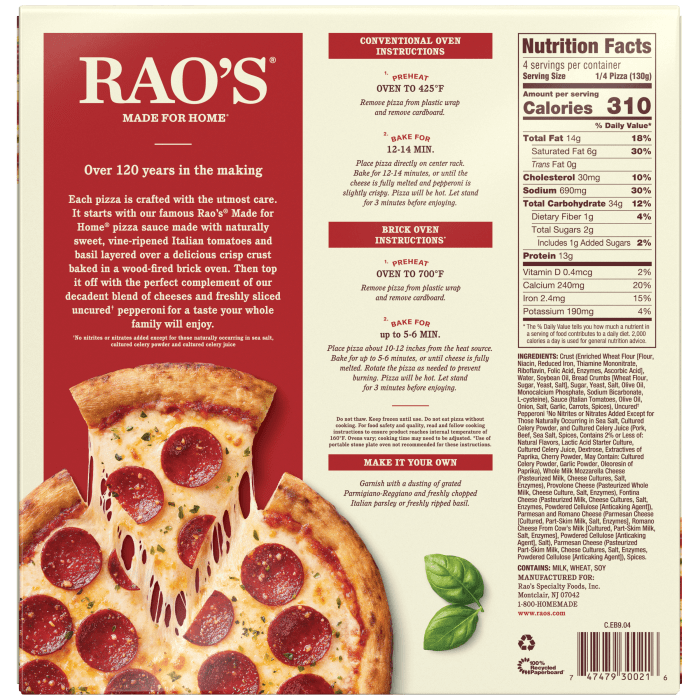 Uncured Pepperoni Pizza Frozen Pizza, 18.3 oz - Back Image
