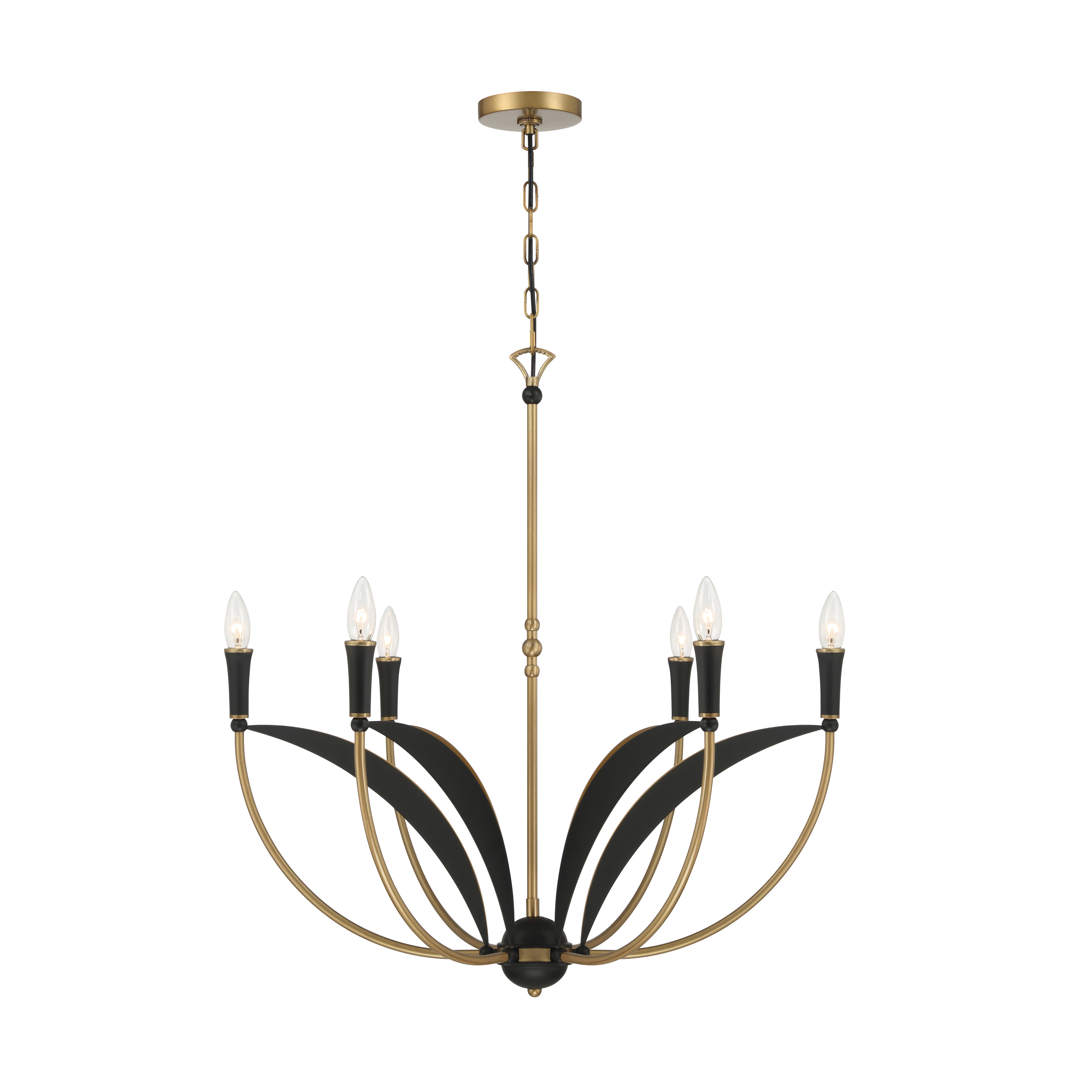 The Miller 6-Light Chandelier combines classic elegance with contemporary sensibility. Its 28-inch width and Legacy Brass finish create a warm, inviting ambiance perfect for dining rooms and entryways. - alternate view