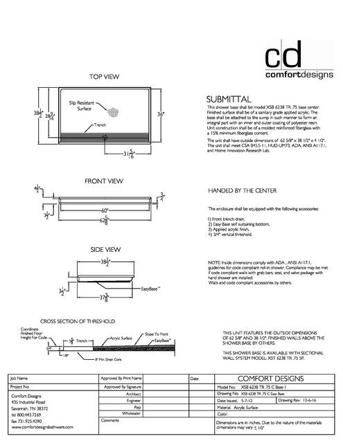 Spec Sheet — Cd Shower Base Spec Sheet Xsb 6238tr 75