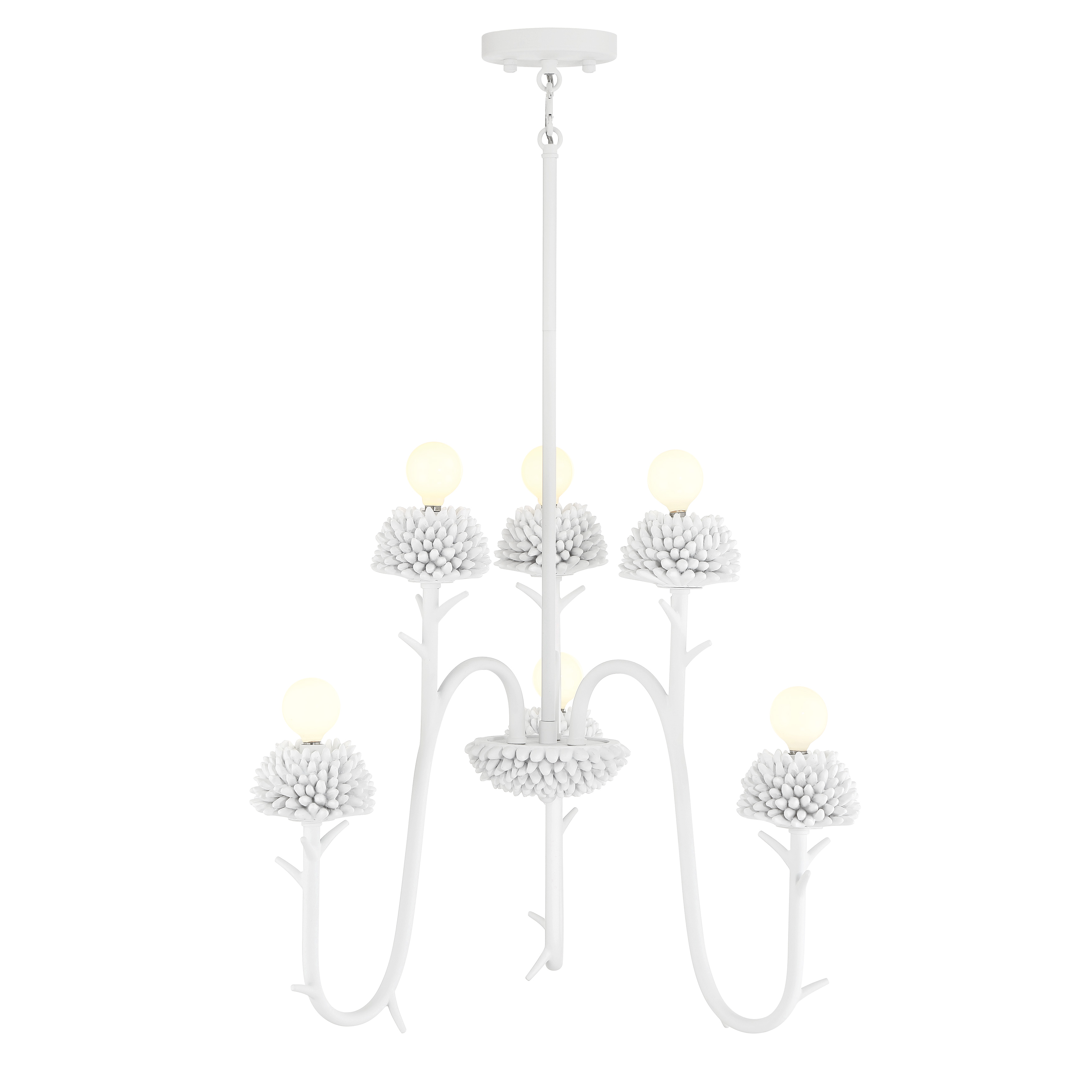 Robin Baron's North Fork pendant brings refined coastal style with its Sand White finish and sculptural 6-light design. The 24-inch width makes it perfect for medium dining spaces, while the steel and resin construction ensures durability. - alternate view