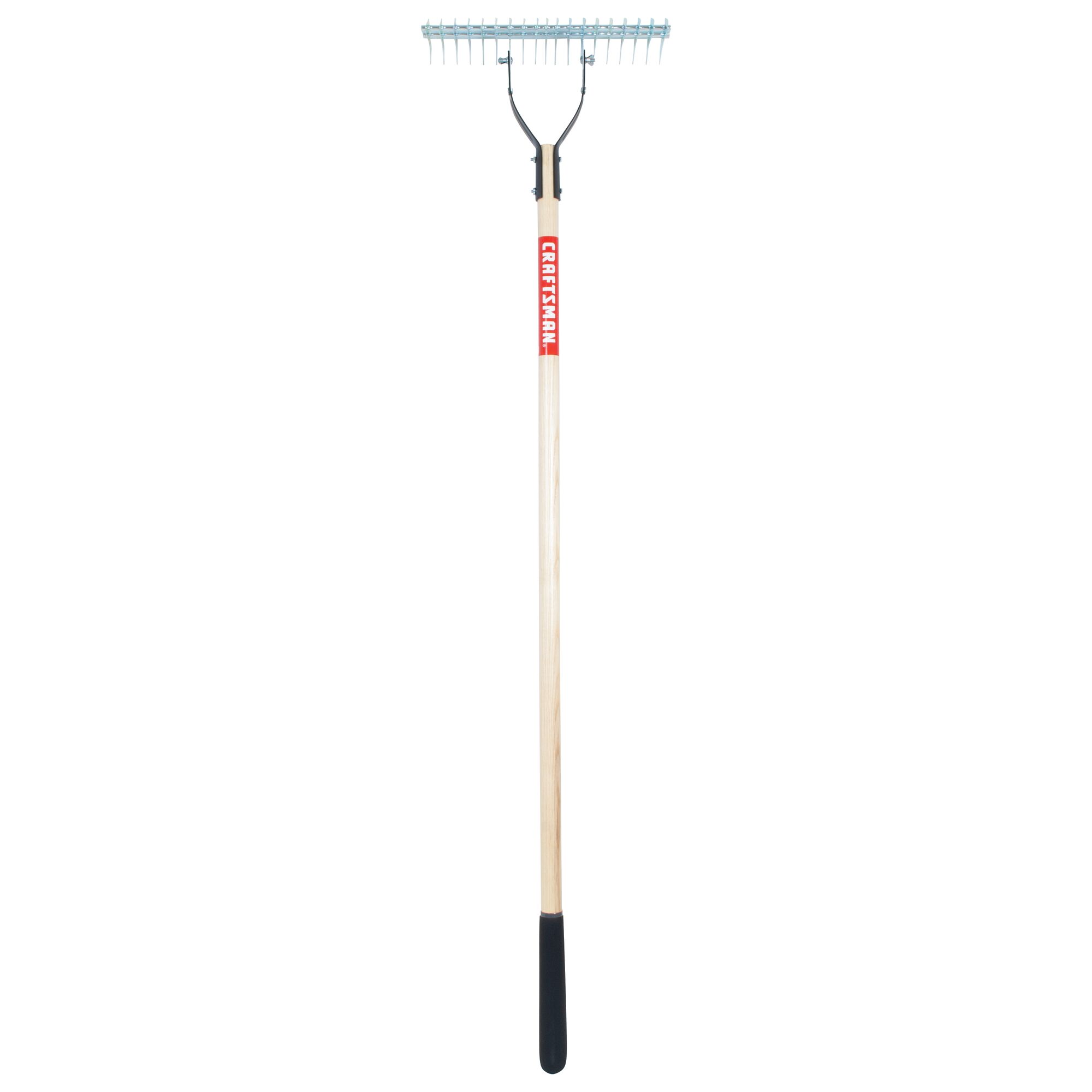 Profile of wood handle thatching rake.