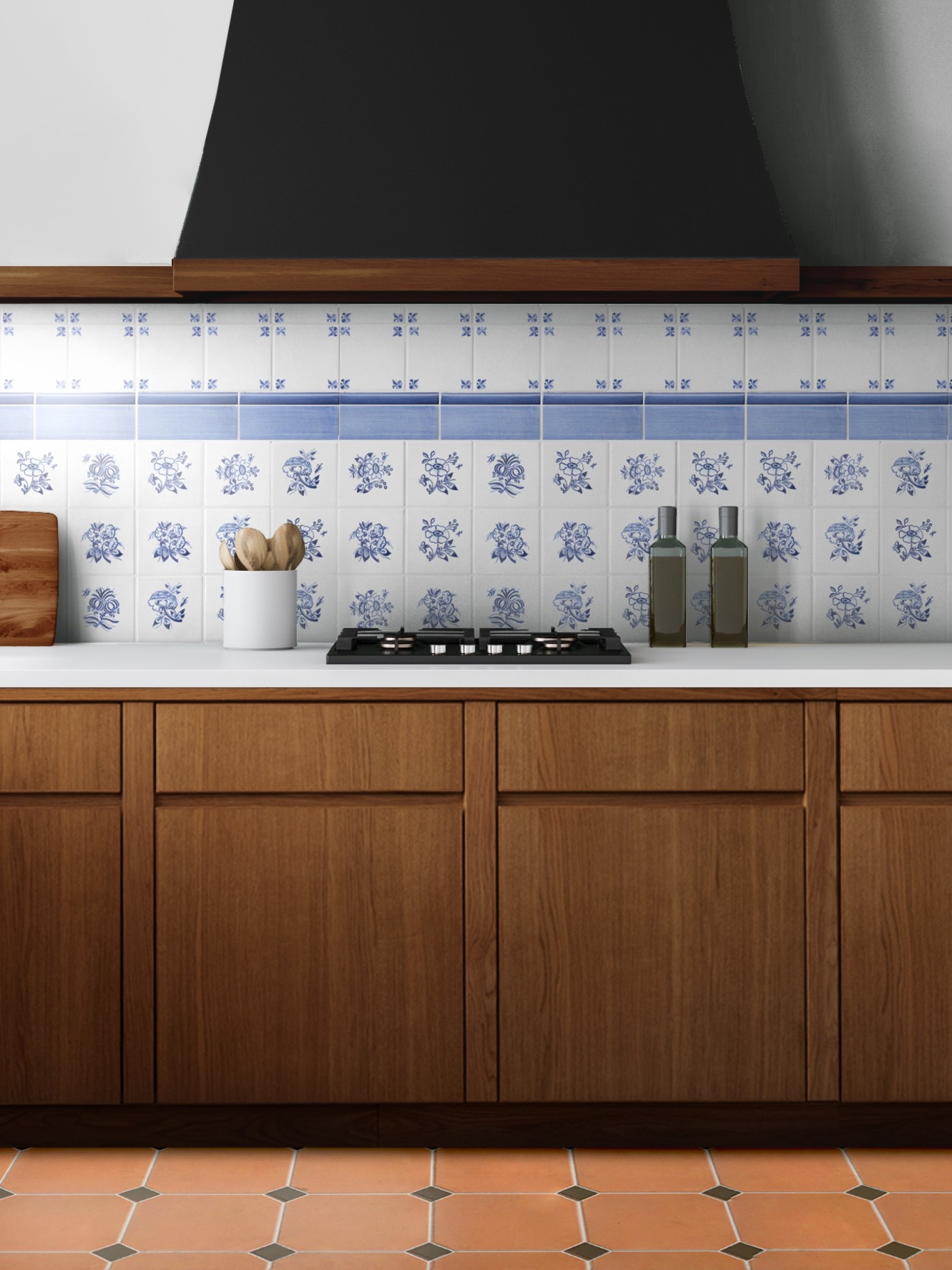 a blue and white tiled kitchen backsplash with wooden cabinets.