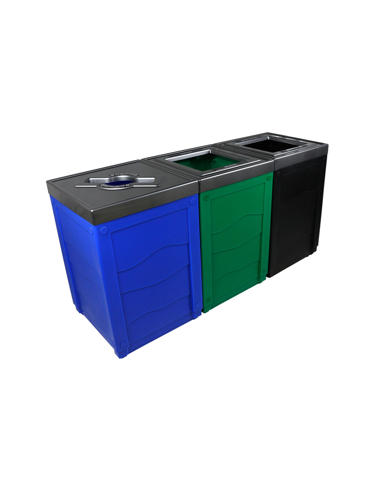 EVOLVE – Triple – Kit – Recyclables-Organics-Waste – Mixed-Full – Blue-Green-Black