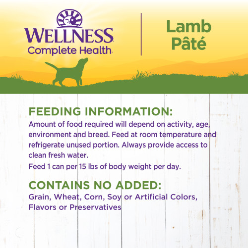 <p>Amount of food required will depend on activity, age, environment and breed. Feed at room temperature and refrigerate unused portion. Always provide access to clean, fresh water.  </p>
<p>Adult: Feed 1 can per 15 lbs of body weight per day</p>
<p>Combination Feeding: If feeding with Wellness dry food, reduce dry amount fed by 1/2 cup for every 6 oz of wet food.</p>
