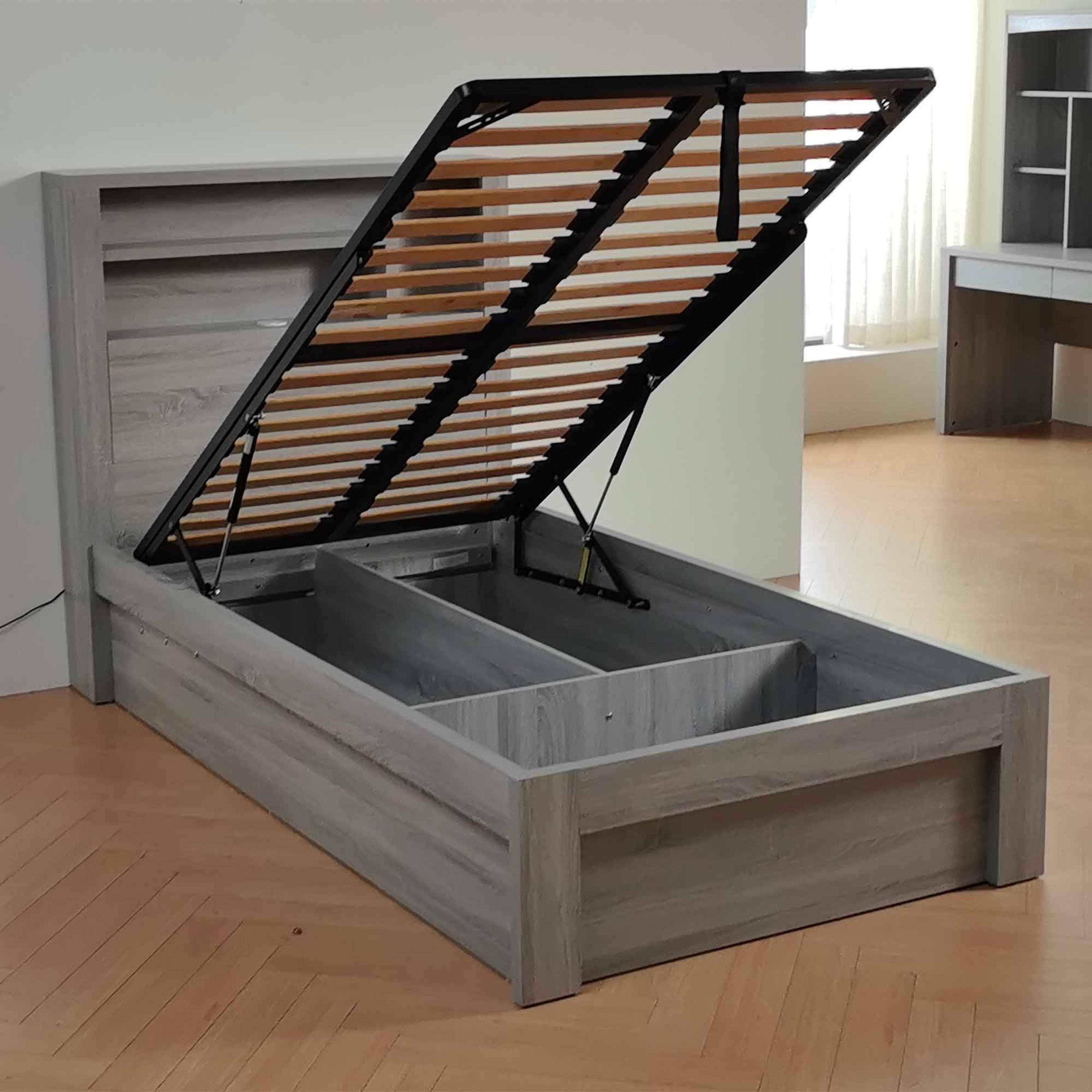 Lifestyle image of the  Bellevue Bed Frame, Front Slat Gas Lift Base, Cement Grey from Forty Winks