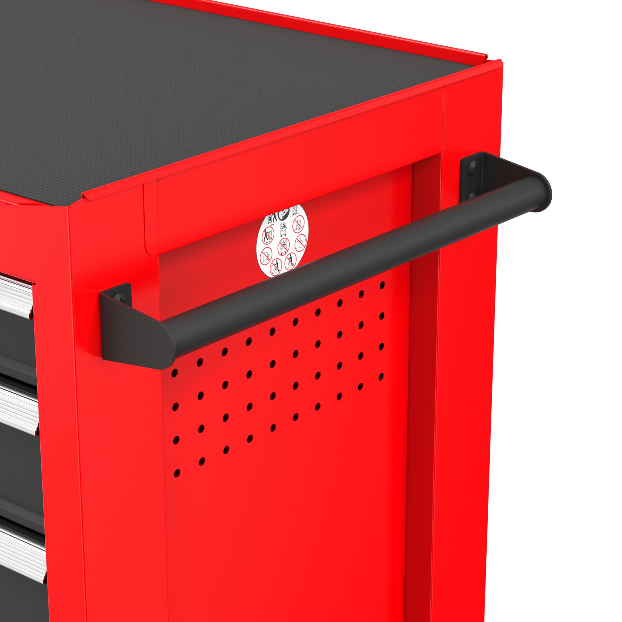 Tubular side handle feature of 41 inch 10 drawer rolling tool cabinet.