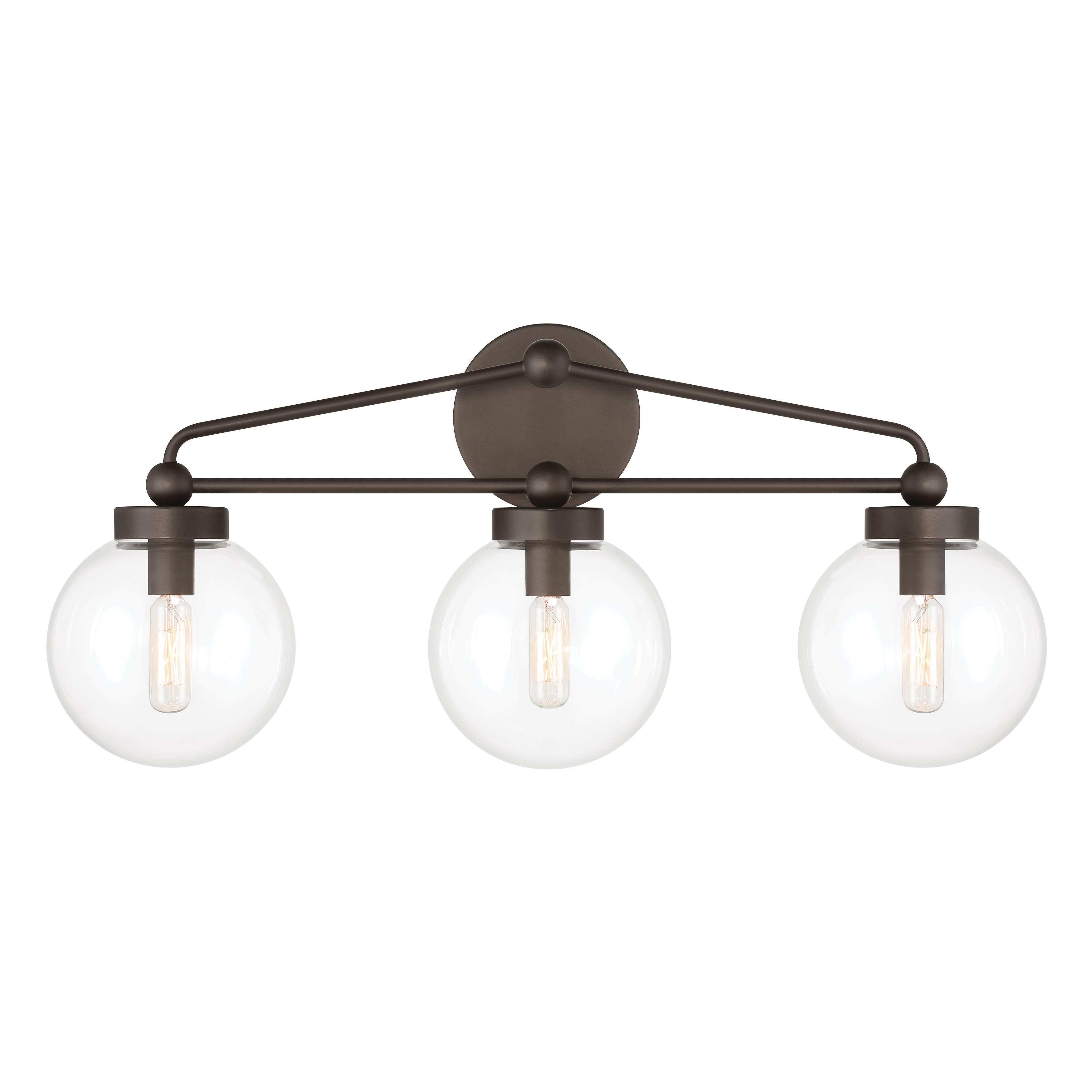 The Stella 24" vanity light combines traditional elegance with contemporary simplicity. Its dark bronze finish and clear glass shades provide versatile styling that complements a wide range of bathroom designs. - alternate view