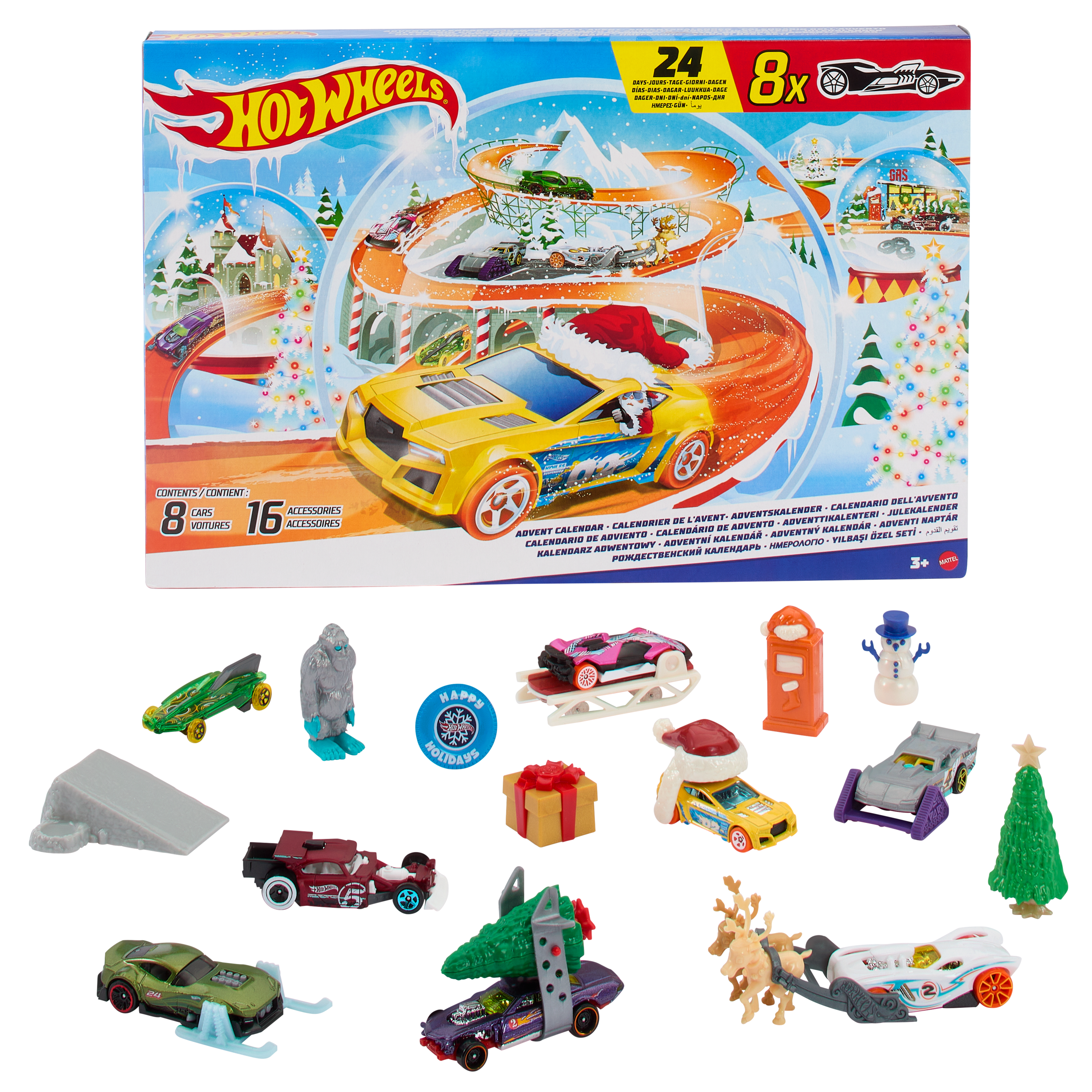 Hot Wheels Toy Cars, 2024 Advent Calendar, 8 Hot Wheels 1:64 Scale Cars, 16 Winter-Themed Accessories behind 24 Numbered Doors & a Playmat