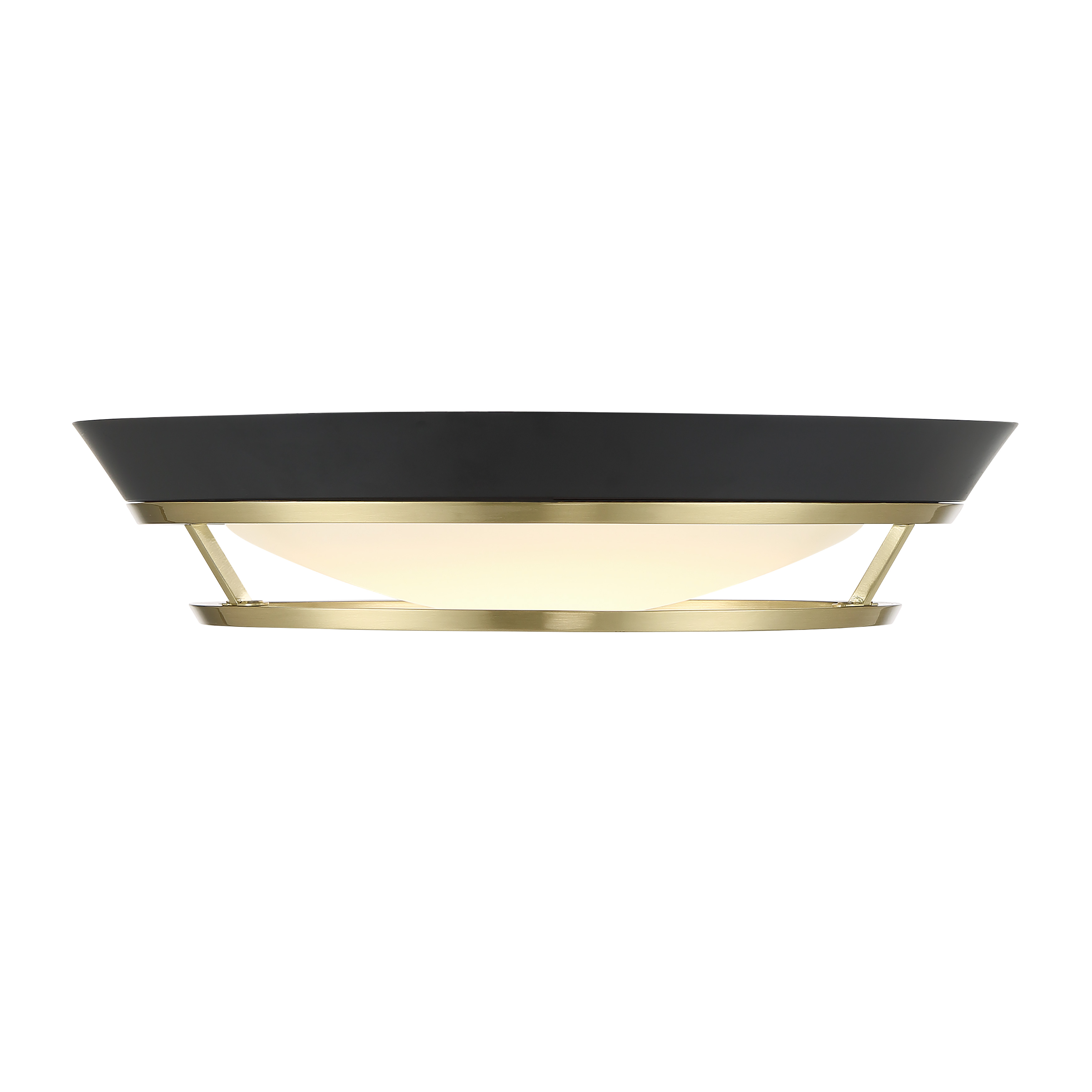The Beam Me Up! flush mount combines industrial-modern aesthetics with exceptional LED performance. Its compact 14" profile and 3" height make it ideal for low ceilings, while the coal black and brass finish adds sophisticated contrast. - alternate view