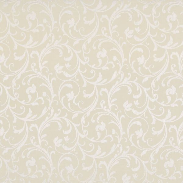 Cream wallpaper with white, raised swirling floral damask pattern â€” repeating vines and leaves cover the surface â€” interior wall or fabric panel in soft, even lighting, neutral decorative setting.