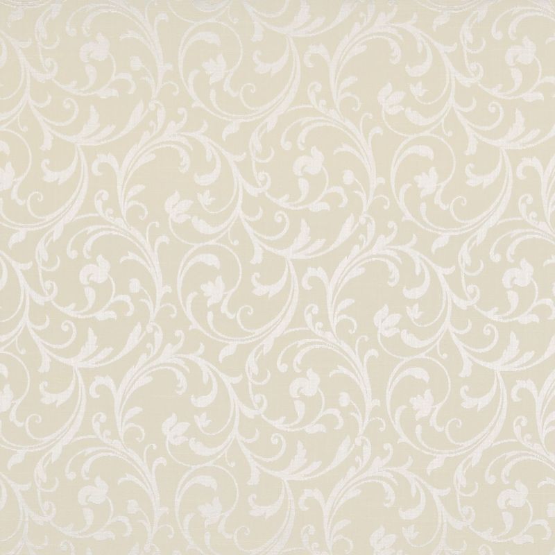 Cream wallpaper with white, raised swirling floral damask pattern â€” repeating vines and leaves cover the surface â€” interior wall or fabric panel in soft, even lighting, neutral decorative setting.