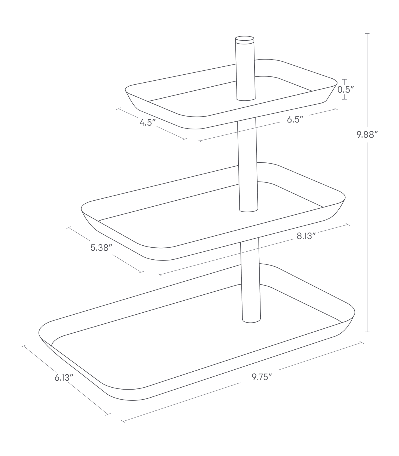 Dimension image for Serving Stand showing length of 9.75", width of 6.13" and height of 9.88"