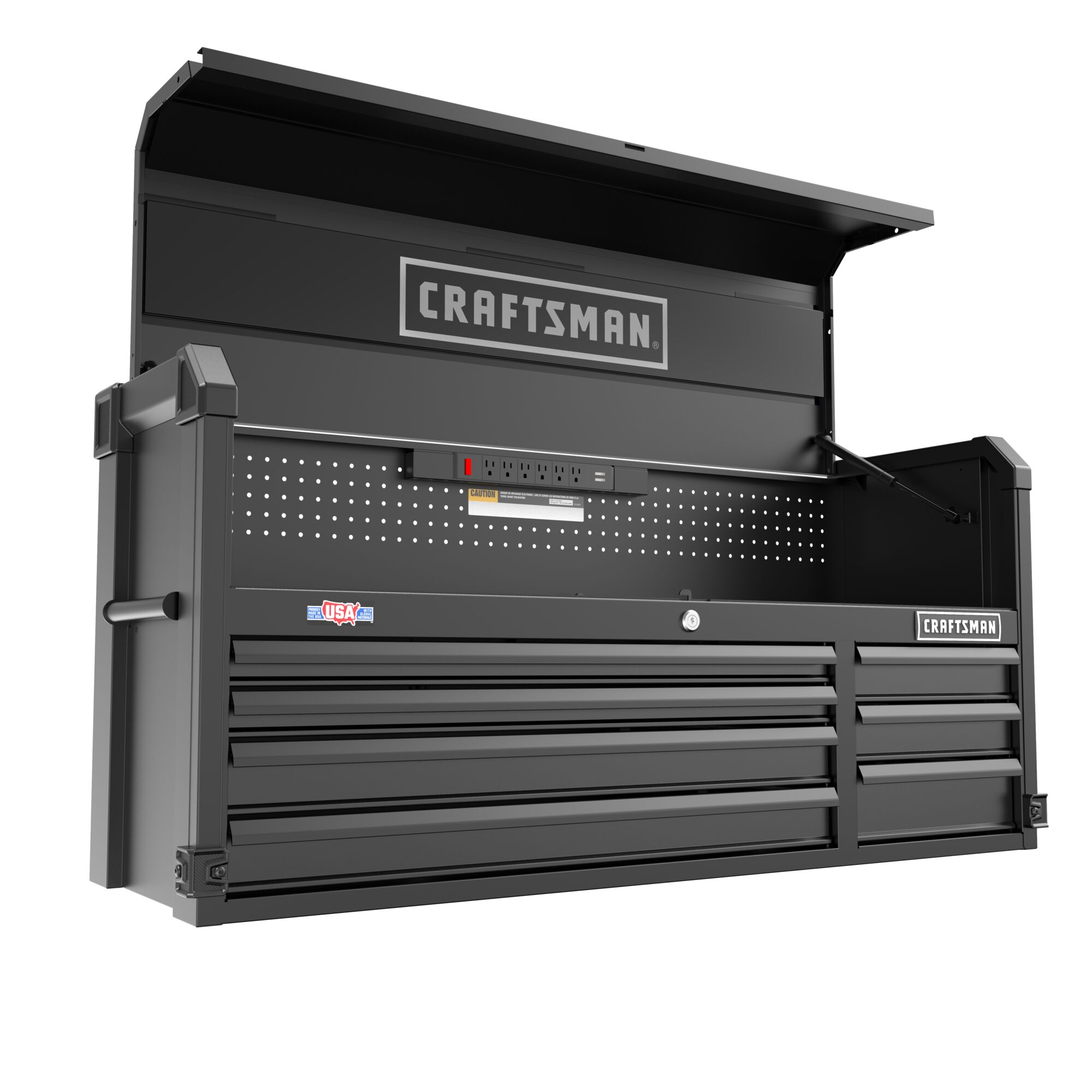 CRAFTSMAN Premium S2000 Series 52-inch Wide 7-Drawer Tool Chest with lid open, at 3/4 turn, looking up