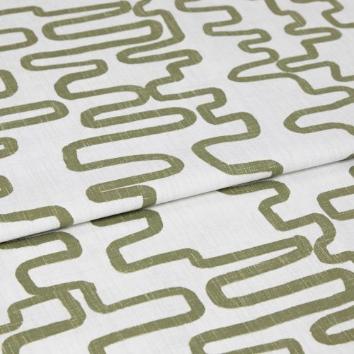 White linen-like fabric with olive-green meandering rectangular print, folded in layers, shown as a close-up textile sample on a neutral background under soft, even studio lighting.