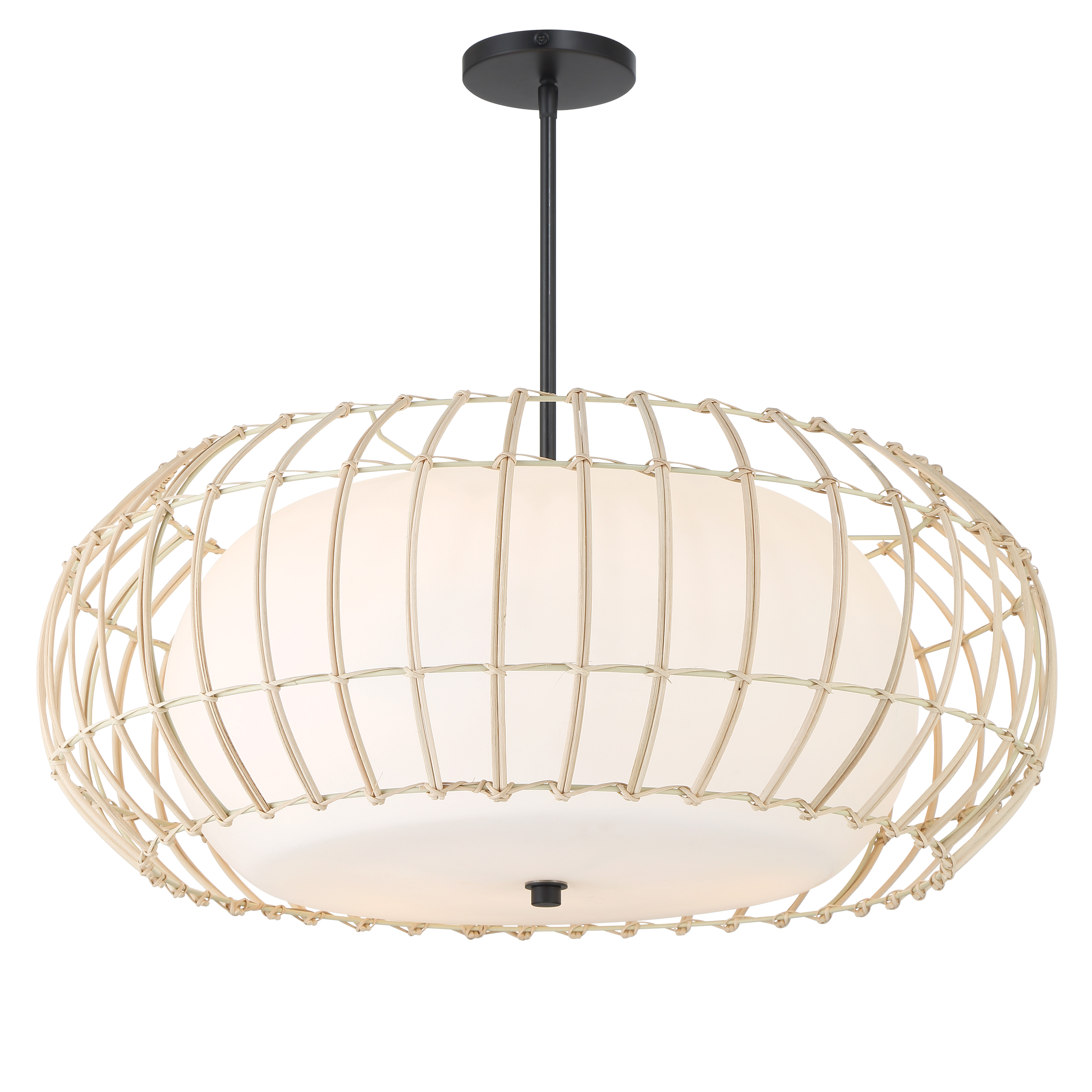 Robin Baron's Watermill pendant masterfully blends organic texture with modern sophistication. The natural wicker shade creates warm, diffused lighting while the coal black finish adds contemporary edge. Perfect for coastal-inspired or organic modern interiors. - alternate view