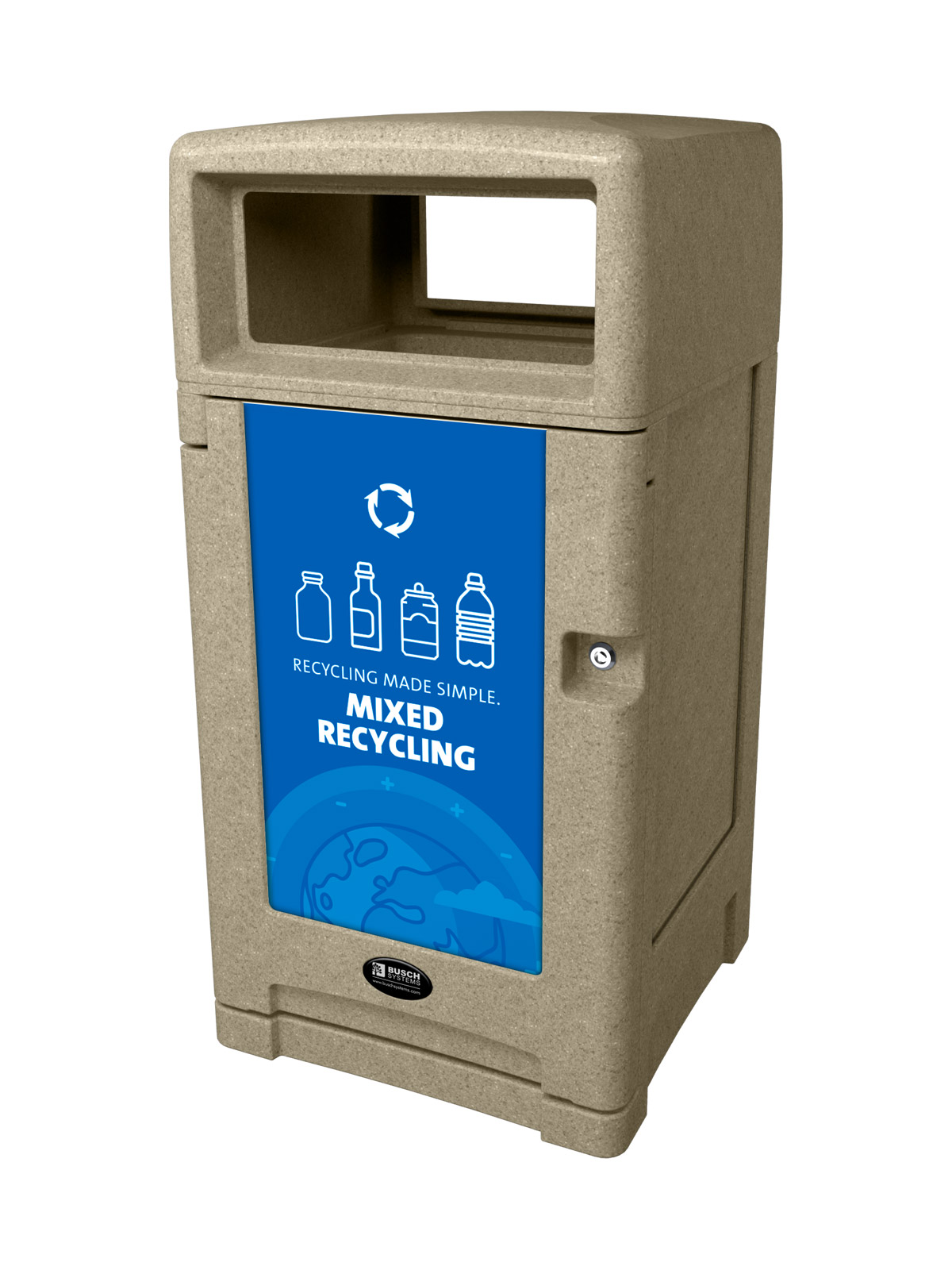 Expression Series single outdoor mixed recycling container in sandstone with full openings and body sign