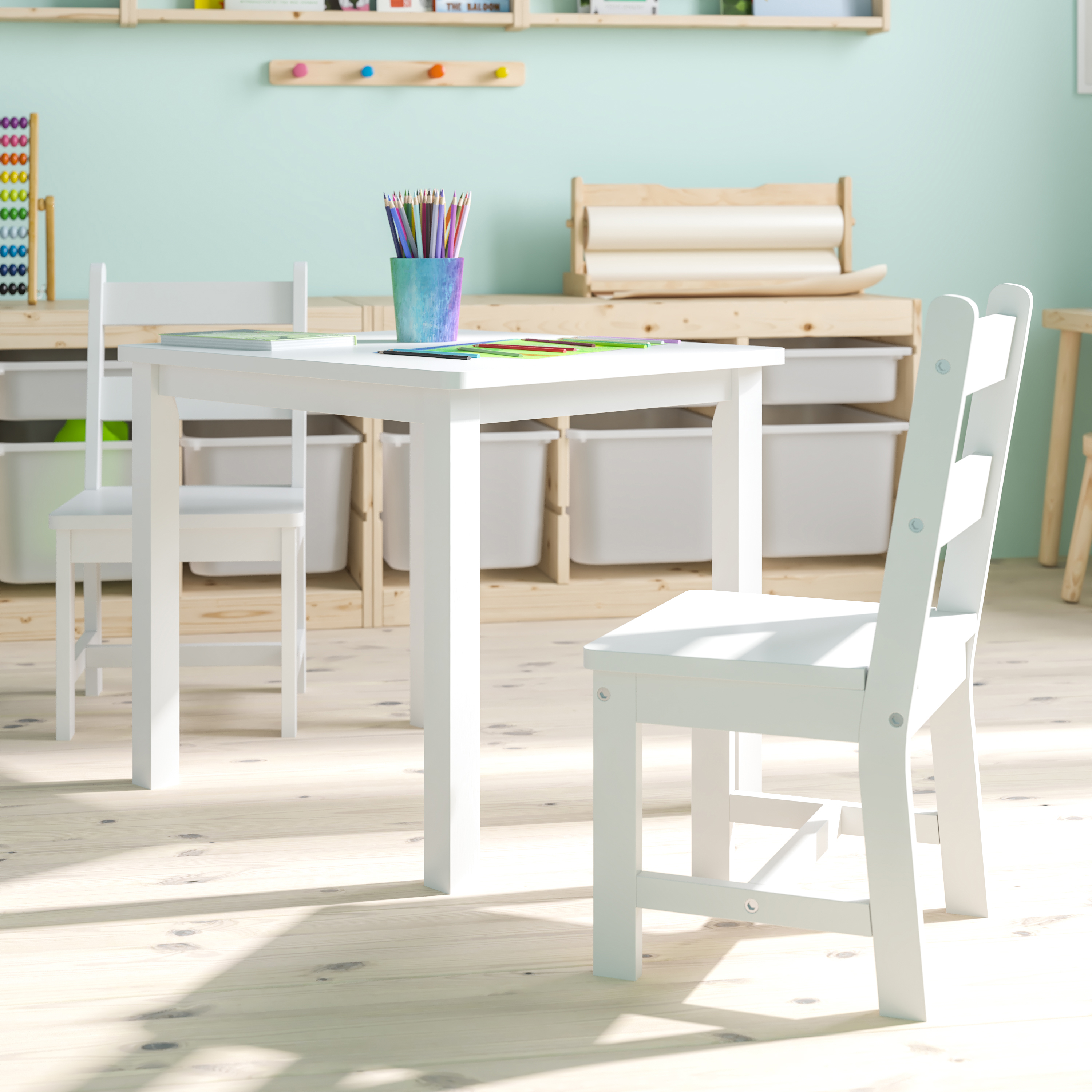 Juego de mesa y silla de madera maciza para niños de 3 piezas para sala de juegos, cocina - blanco - Imagen 31 de 37