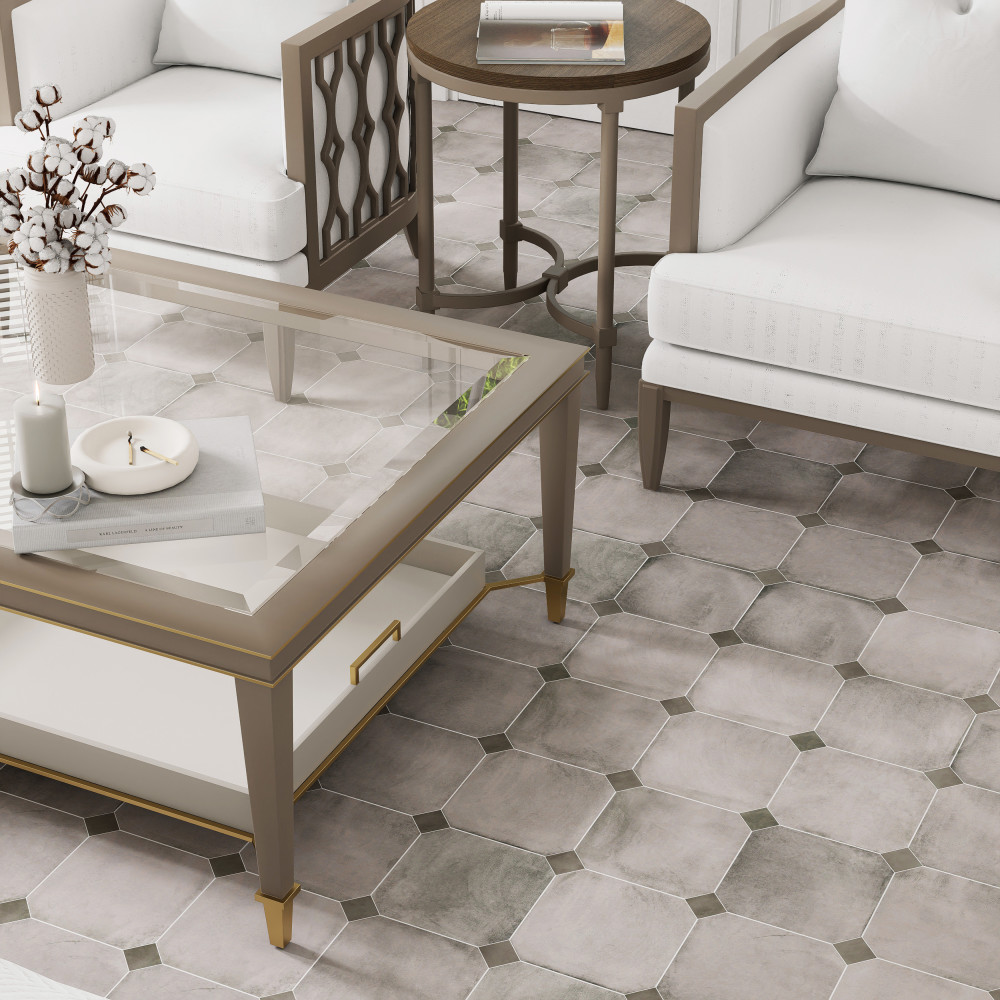 Laverton Octagon Gris with Taco Grafito 7-7/8 in. x 7-7/8 in. Porcelain Floor and Wall Tile