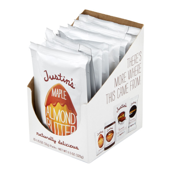 JUSTIN'S (r) Maple Almond Butter 1.15 oz Squeeze Packs . C1RP - Front Right Pallet/Display (Hi Res)