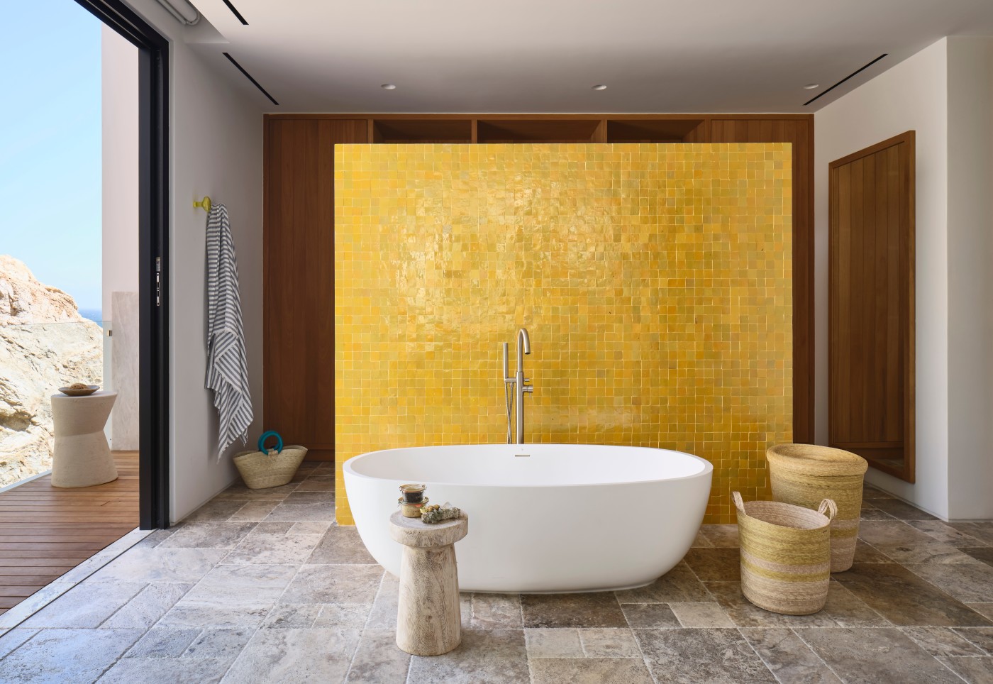 a bathroom with a yellow tiled wall.