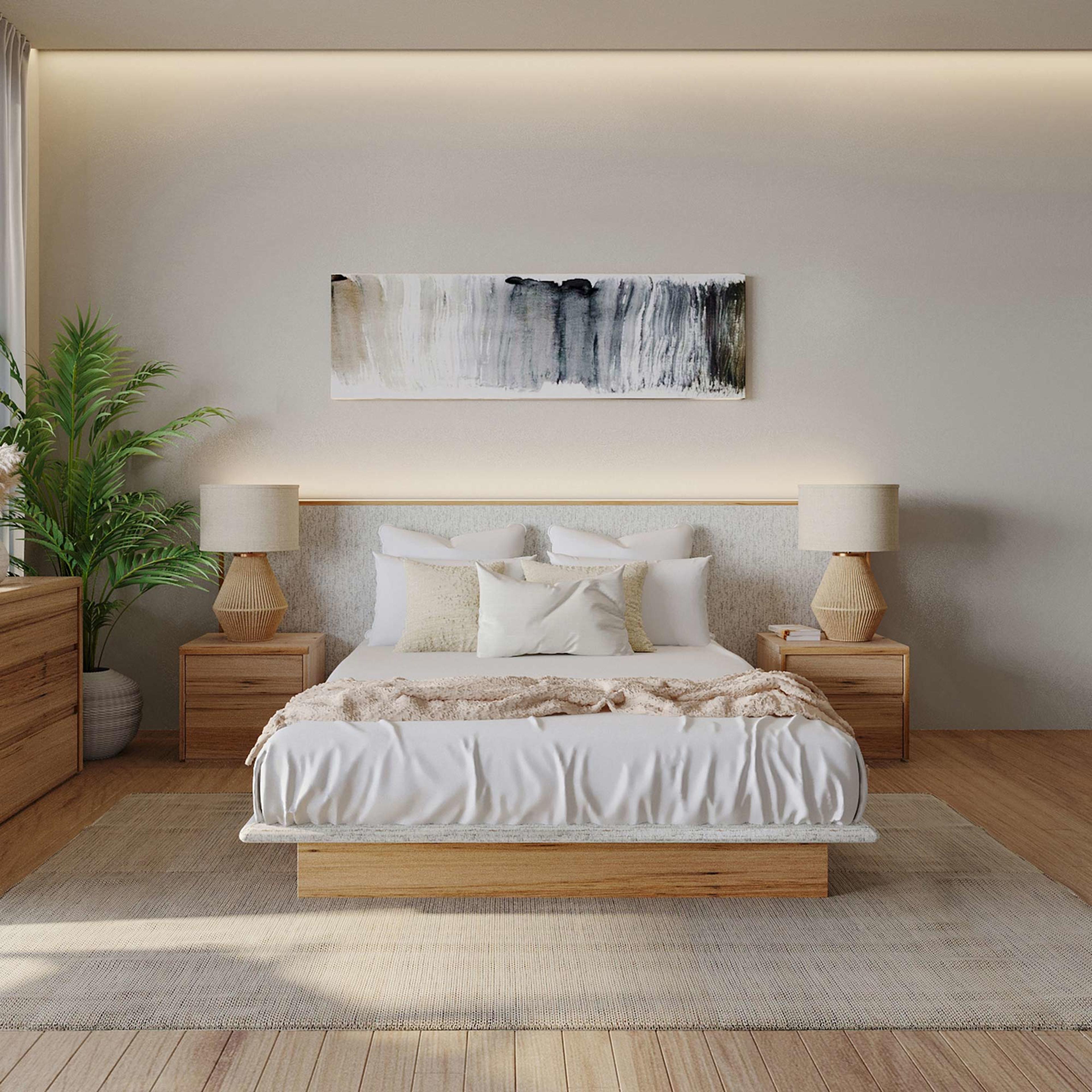 Lifestyle image of the  Soho Bed Frame, W/ Extended Headboard & Upholstered Base, Light Ash-Montague Alabaster from Forty Winks