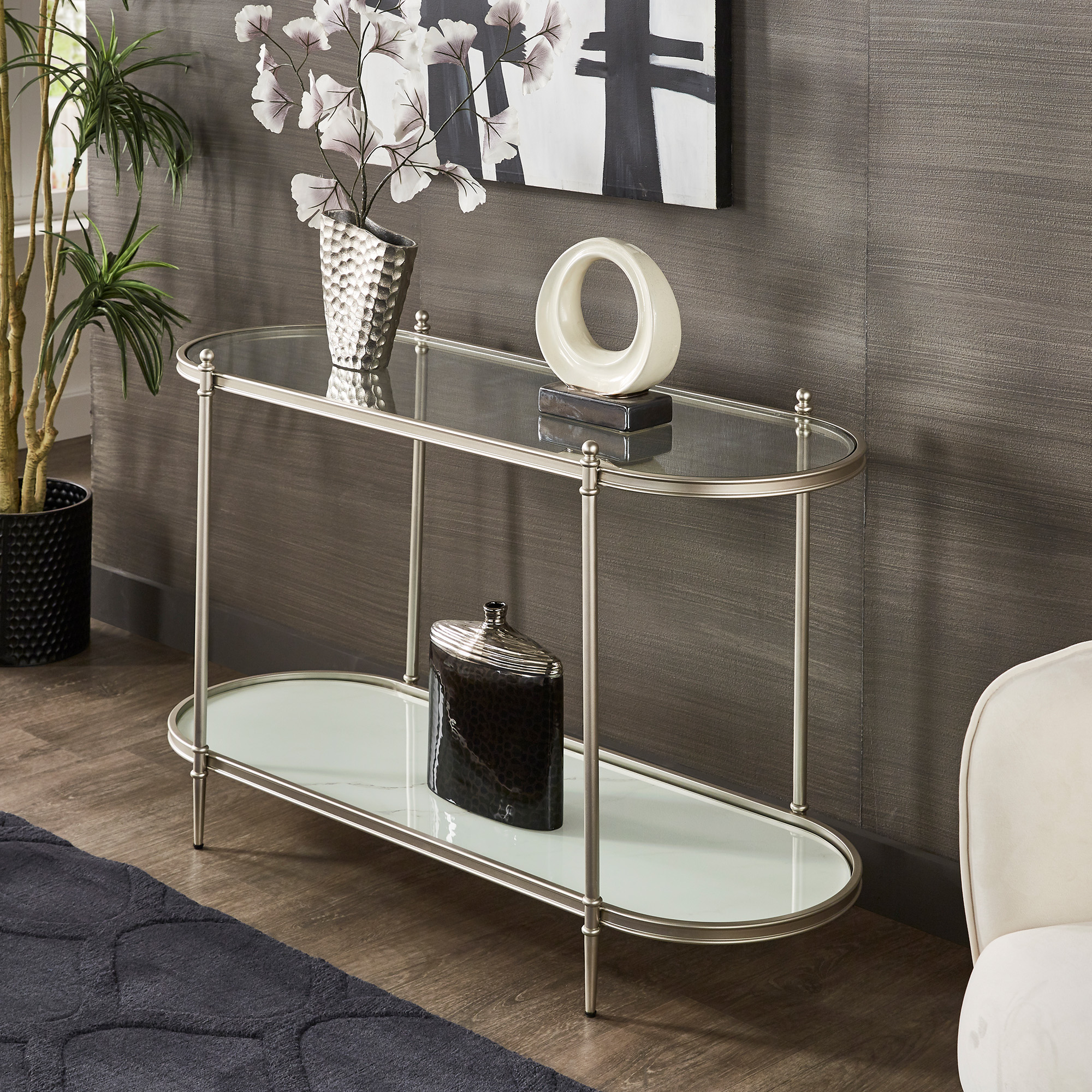 Champagne Silver Metal & Glass Sofa Table