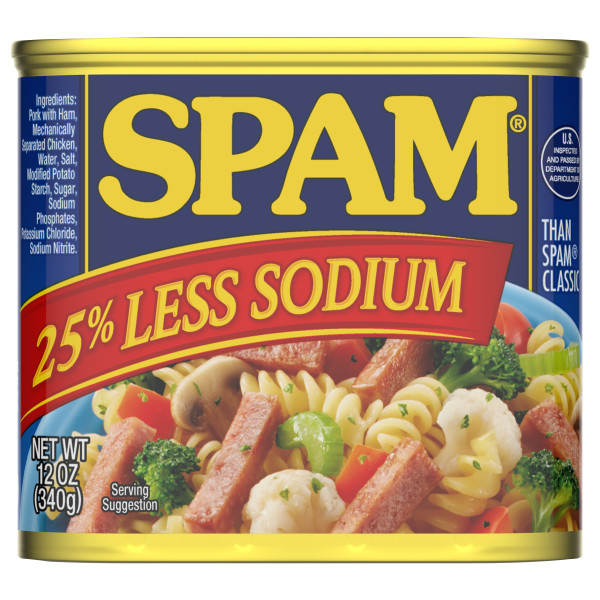 SPAM(r) Less Salt, 12/12oz. . C1N1 - Front No Plunge In Package (Hi Res)