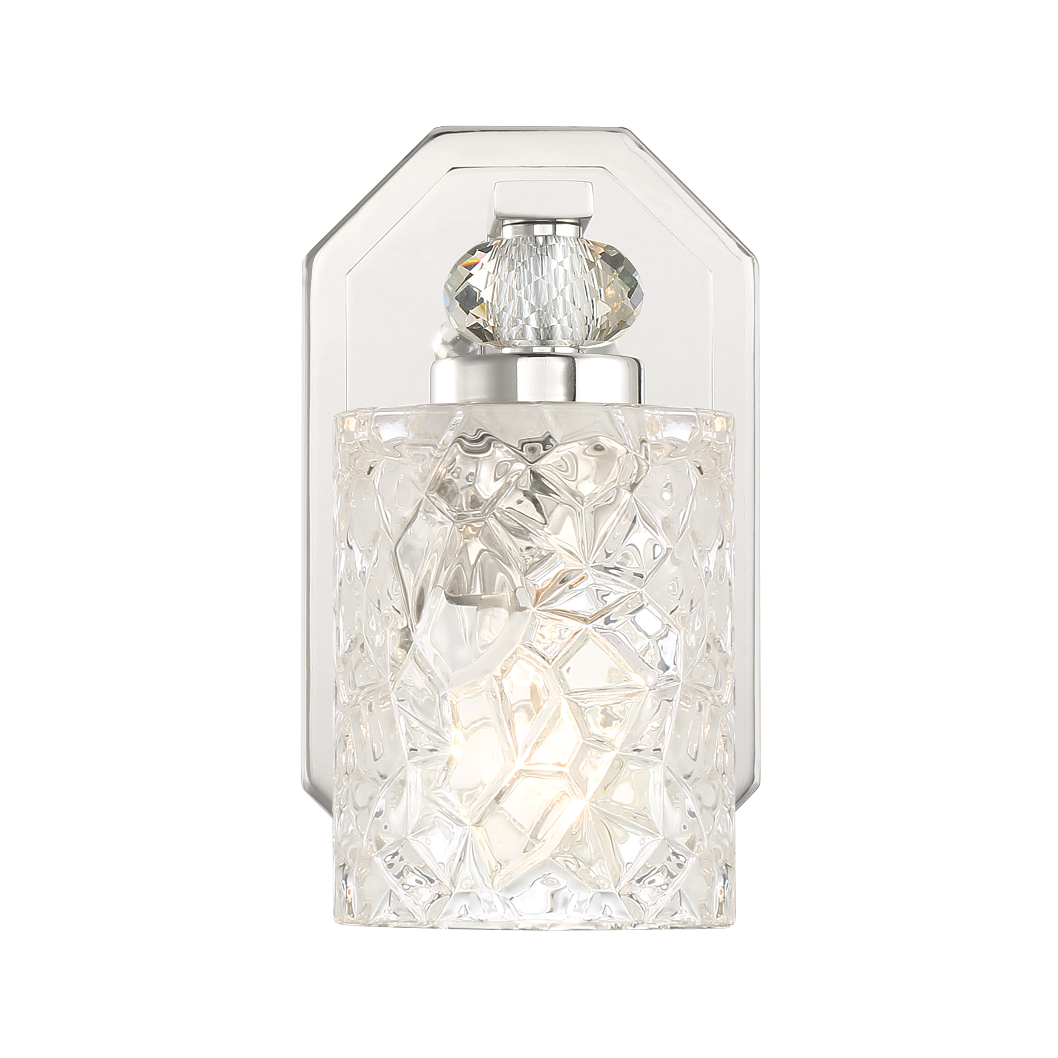 The Crystal Kay vanity light combines modern chrome finish with pressed glass for a clean, contemporary look. Its compact 4.5-inch width makes it ideal for smaller bathrooms or powder rooms where space is at a premium. - alternate view