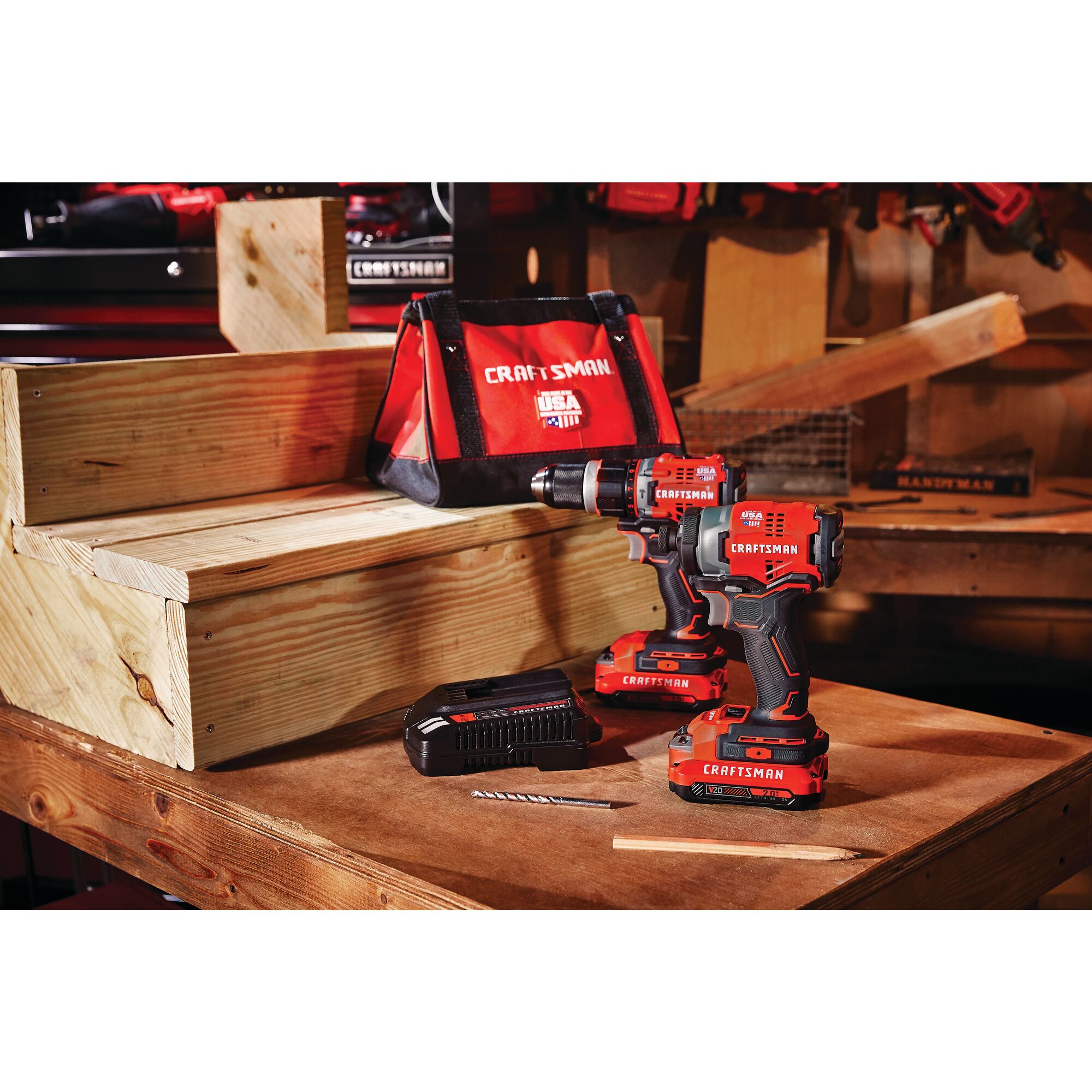 Cordless brushless 2 tool combo kit place on the table next to tool bag.