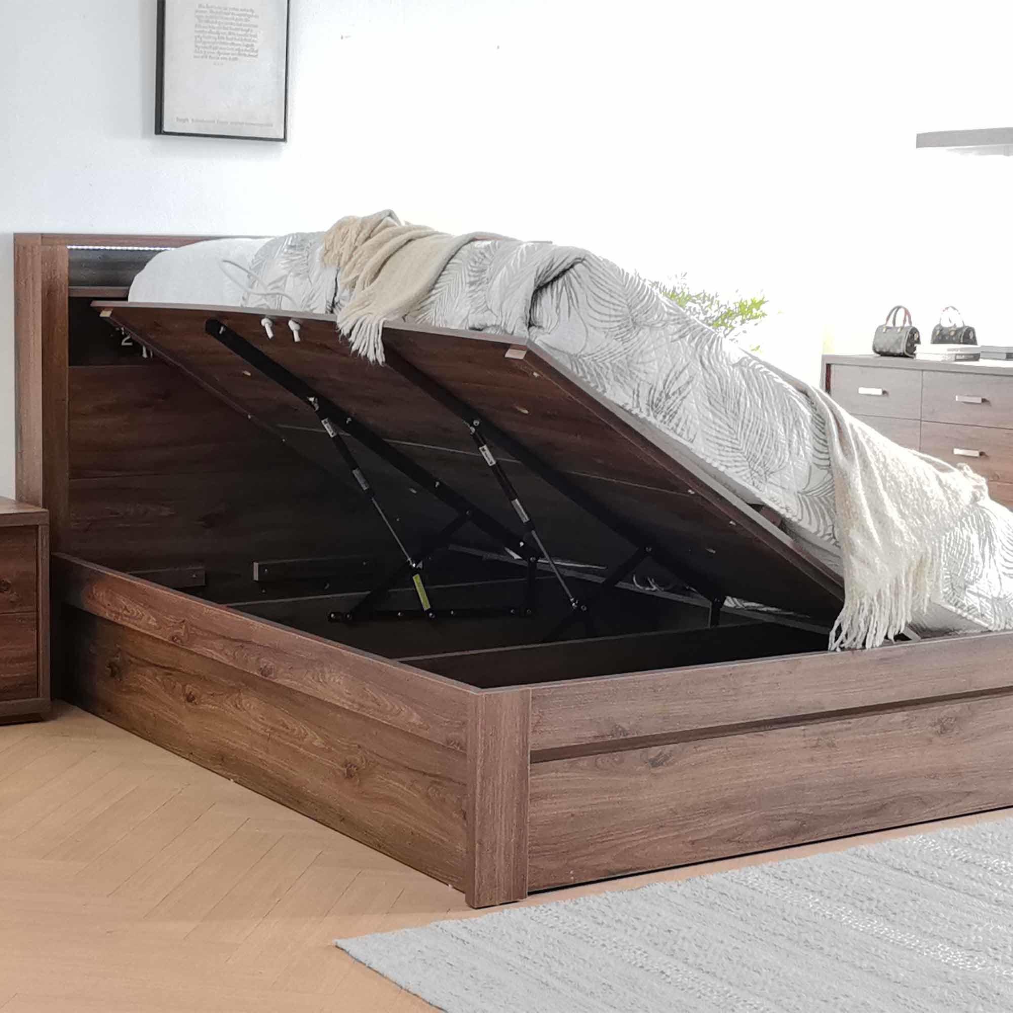 Lifestyle image of the  Bellevue Bed Frame, Side Gas Lift & End Drawer Base, Rustic Walnut from Forty Winks